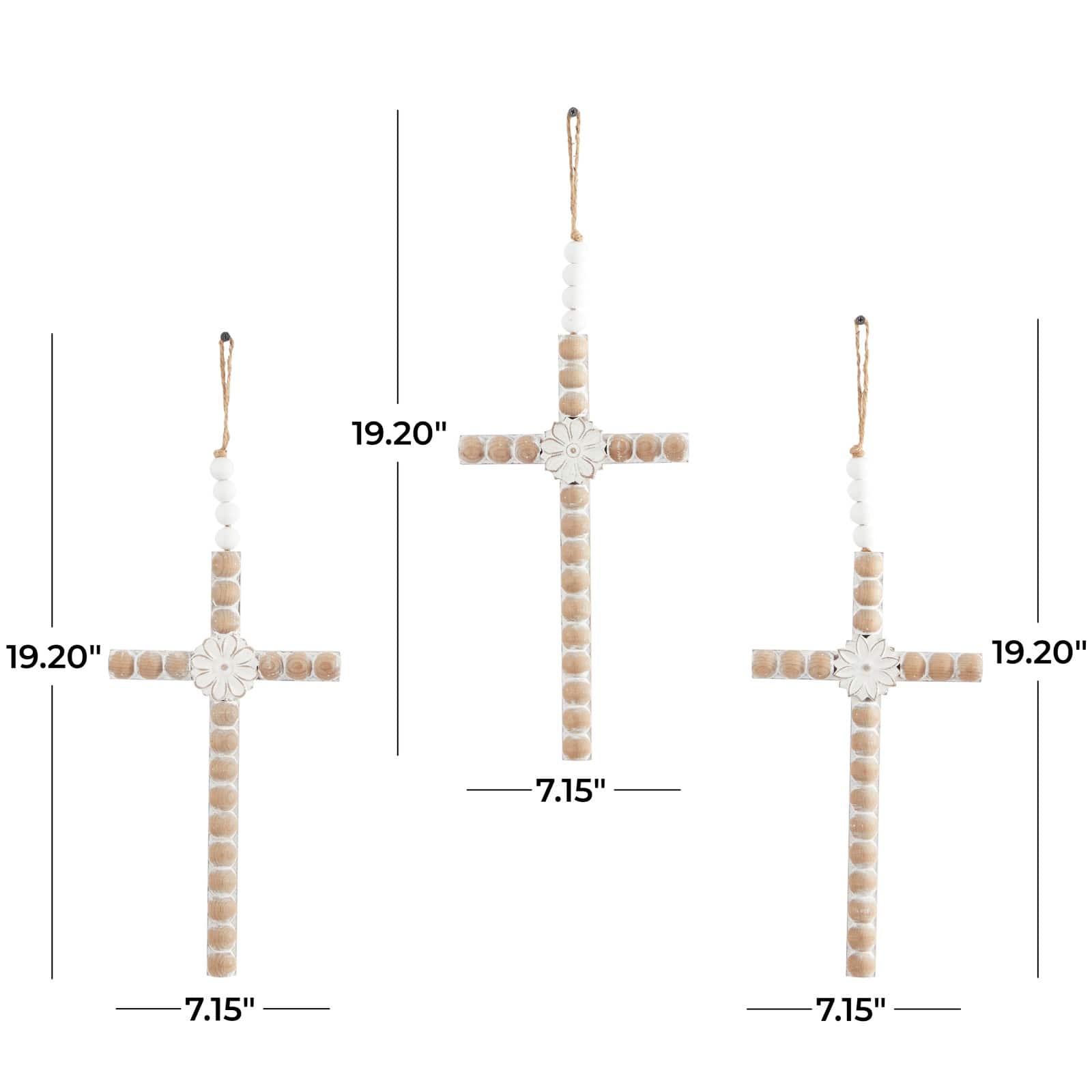 Light Brown Wood Carved Beaded Crosses Biblical Wall Decor with Rope Hanger Set of 3 7", 19"