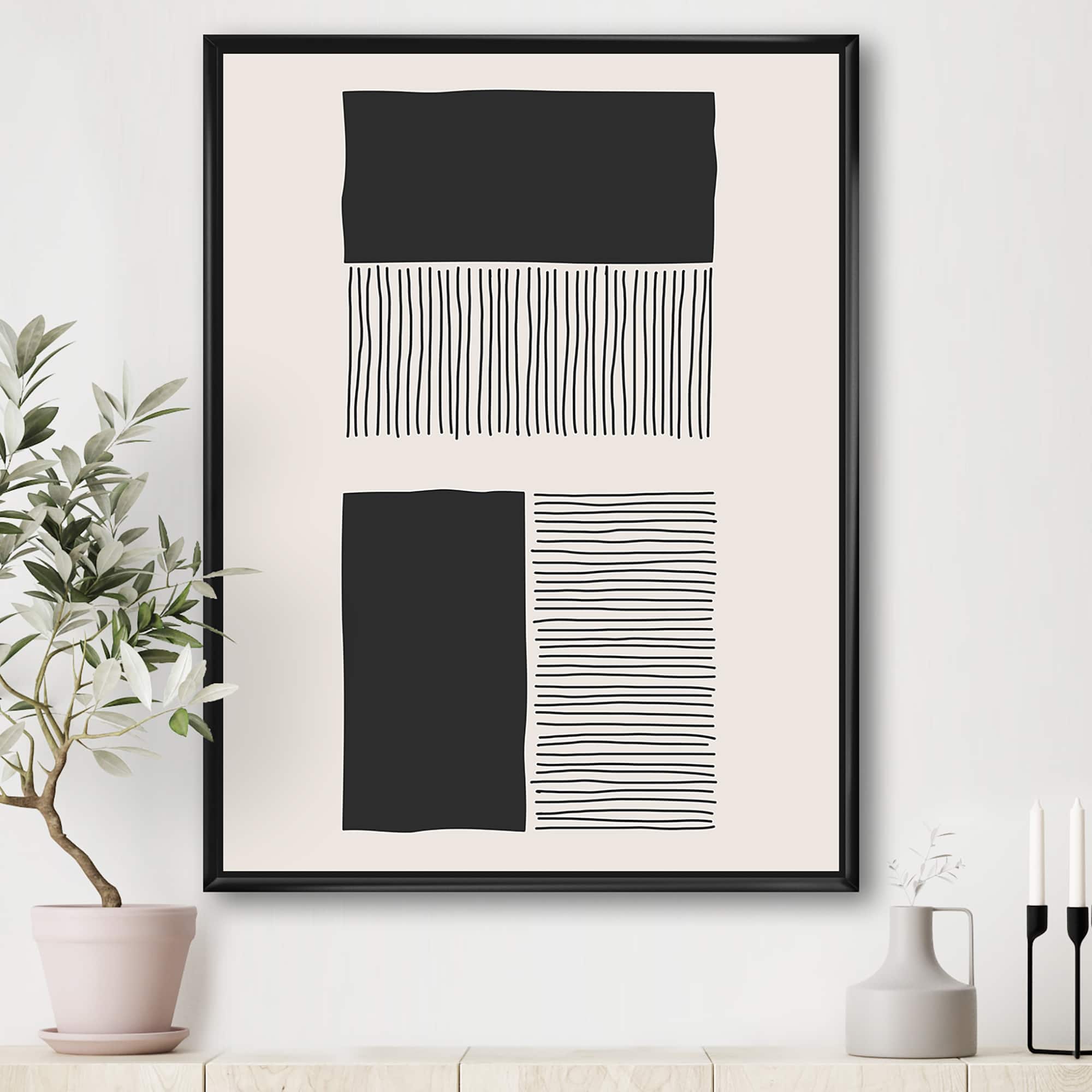 Designart - Minimal Geometric Lines And Squares VII - Modern Canvas Wall Art Print in Black Frame