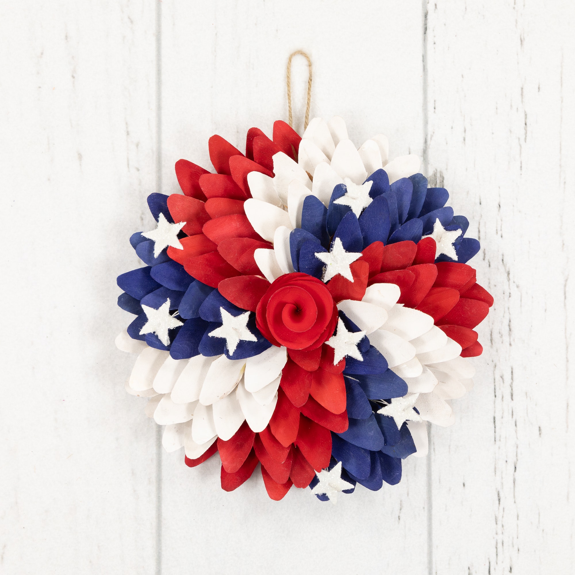 Small Americana Shaved Wood Petals and Rose Artificial Floral Wreath - 12"