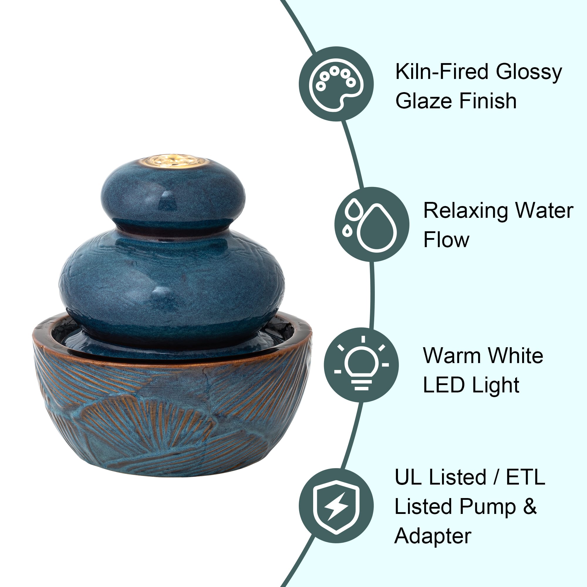 Glitzhome® 8.75" LED Turquoise Leaf Textured Ceramic Tabletop Fountain