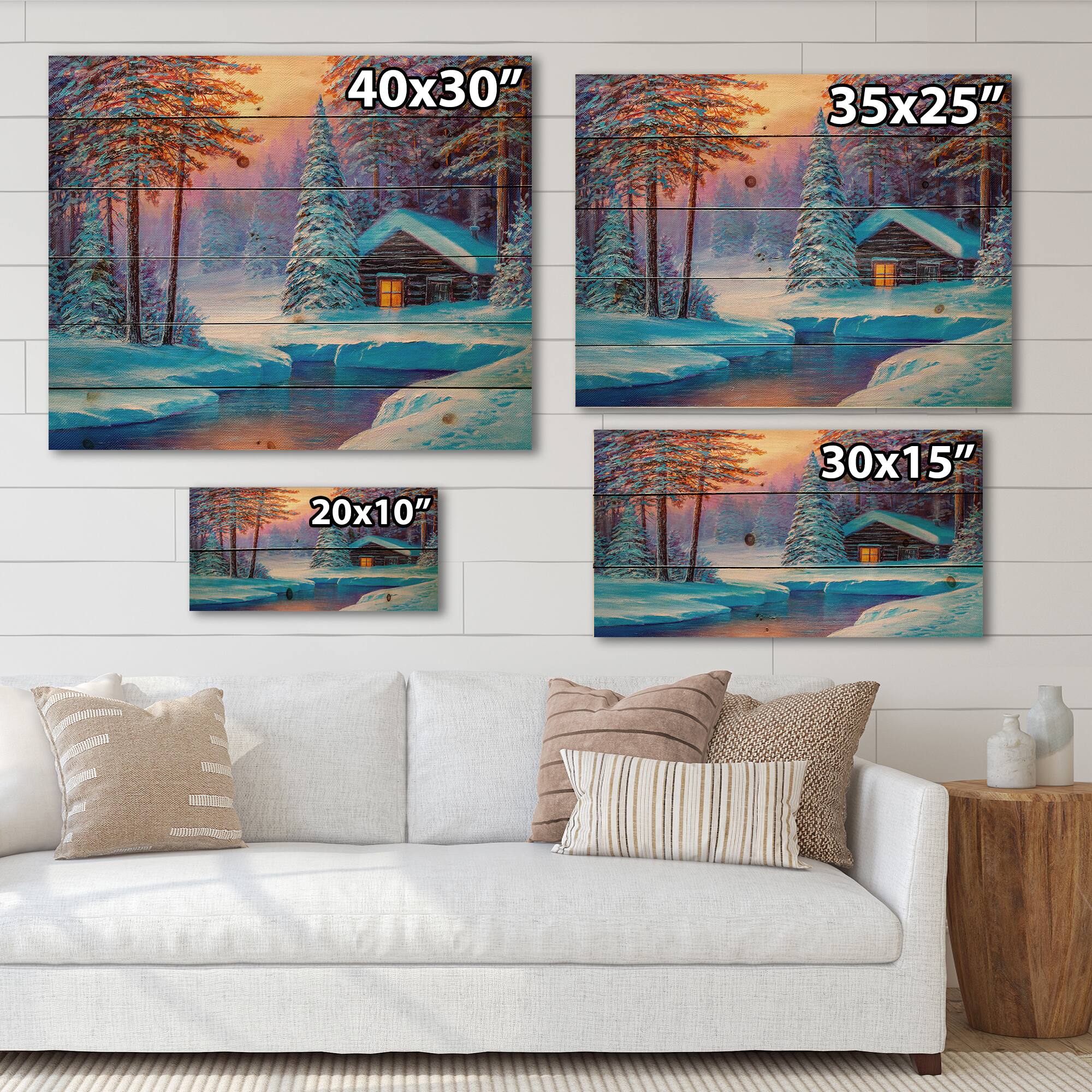 Designart - Old Cabin In Winter Forest I - Traditional Print on Natural Pine Wood