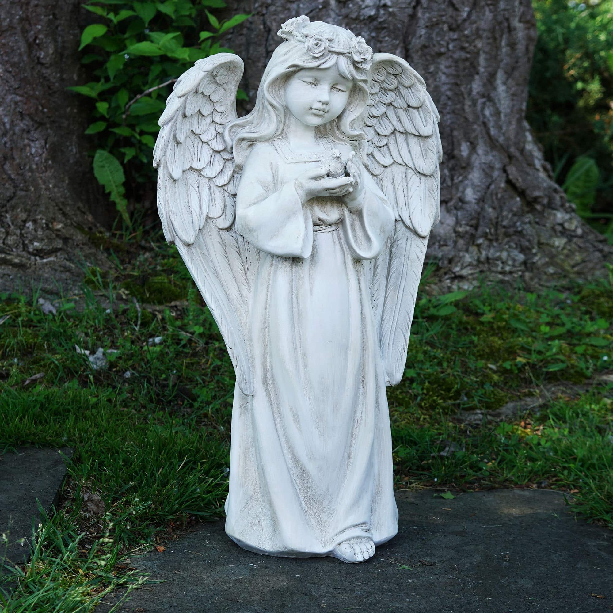 20.5" Gray Standing Girl Angel Holding a Bird Outdoor Statue