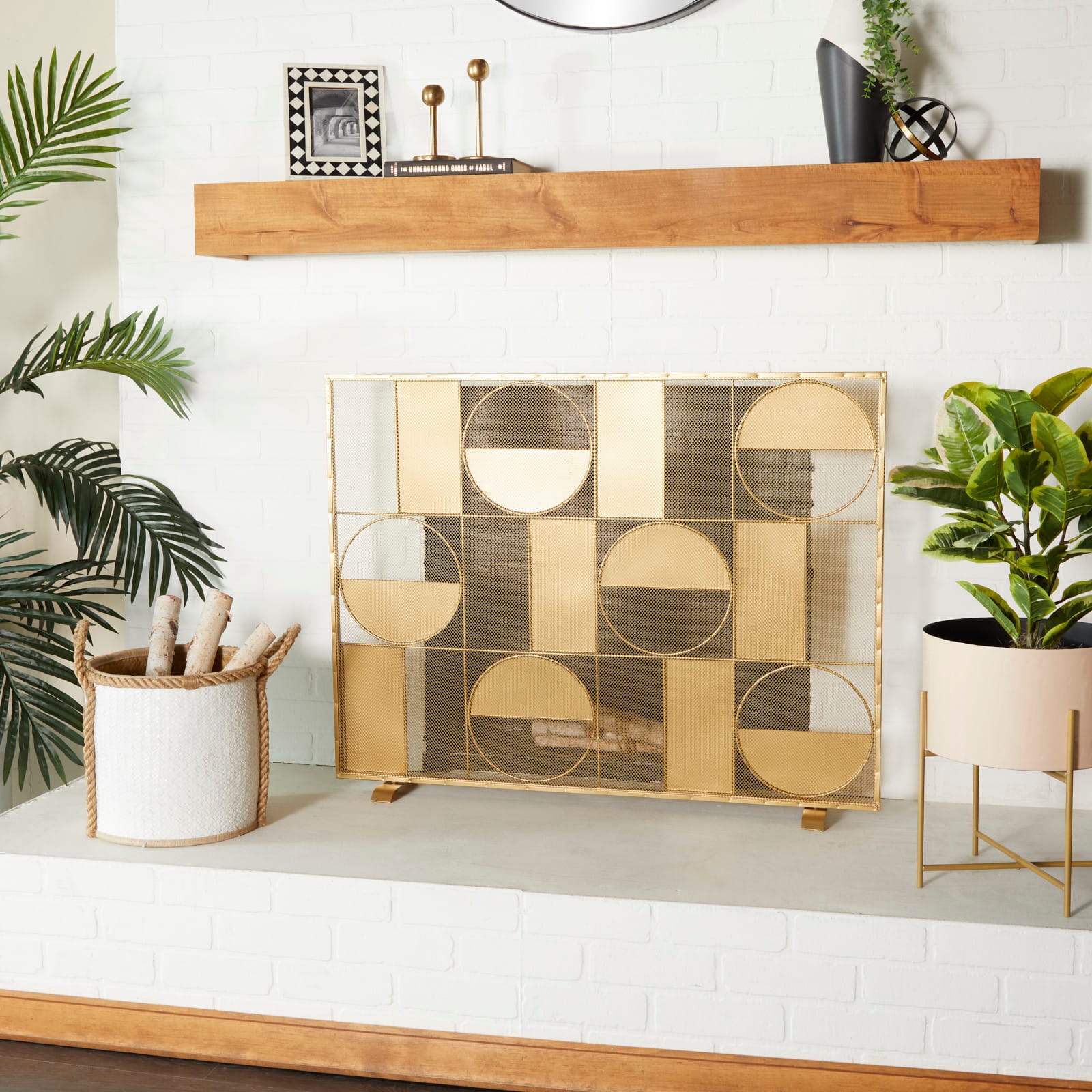 Gold Metal Contemporary Fireplace Screen, 32" x 40" x 6"