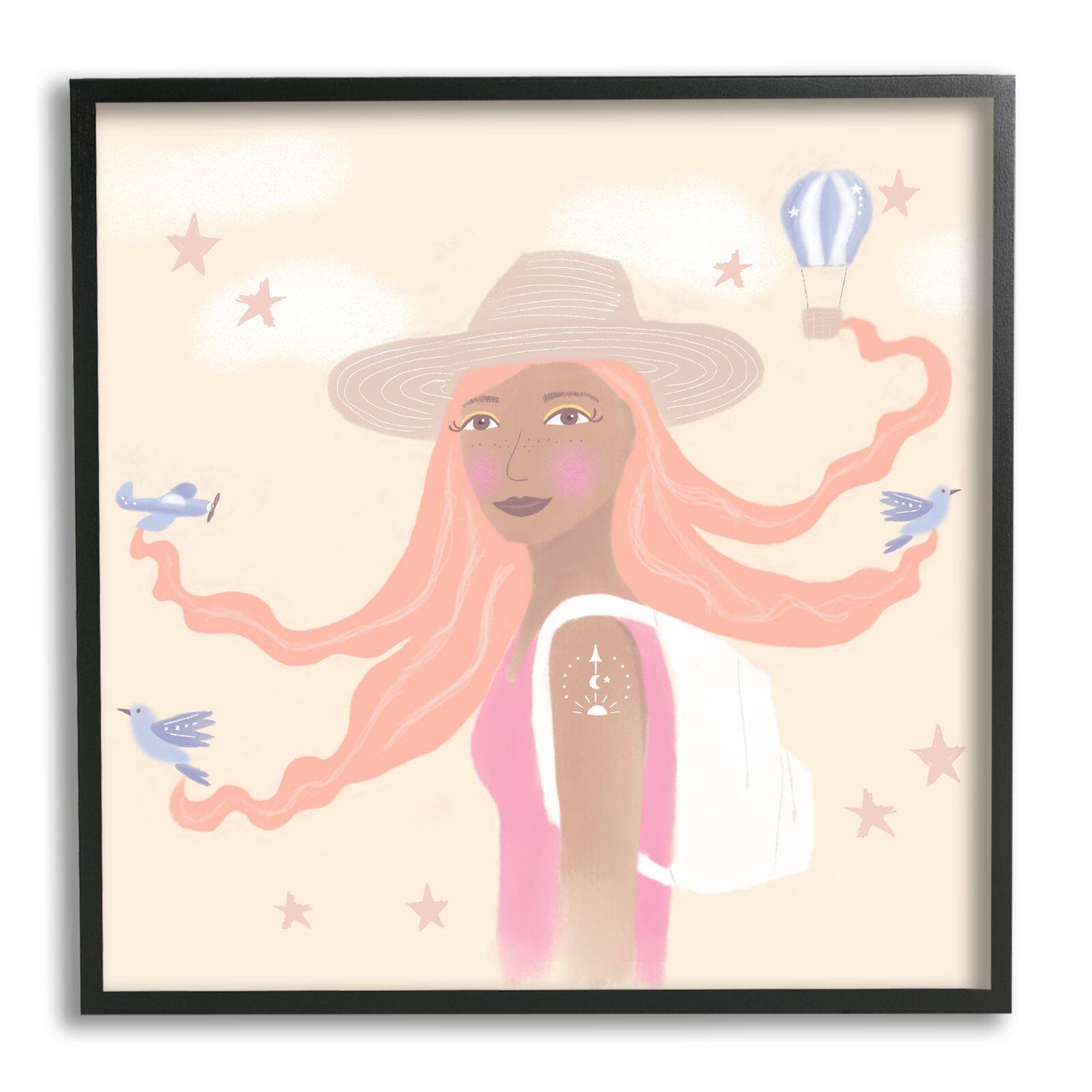 Stupell Industries Girl Flowing Hair Birds Plane Hot Air Balloon Framed Wall Art