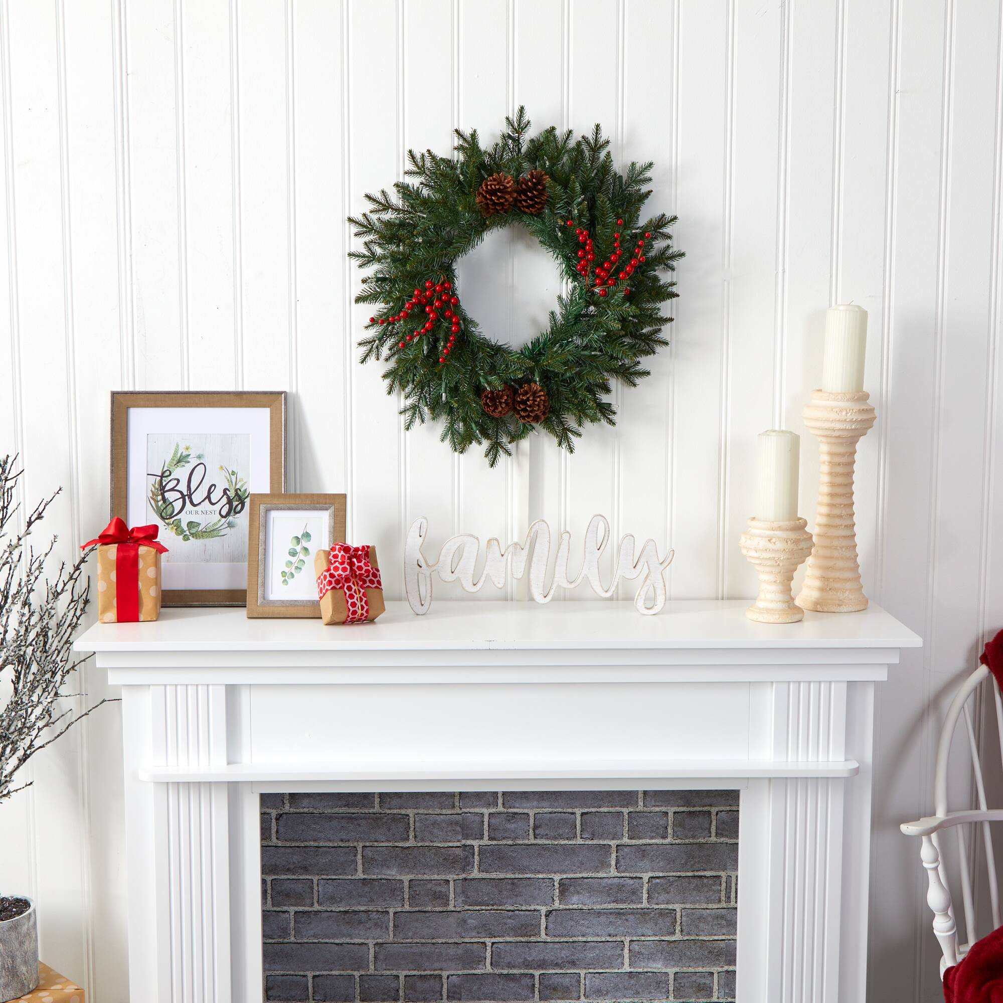 24" LED Green Pine Christmas Wreath with Berries & Pinecones