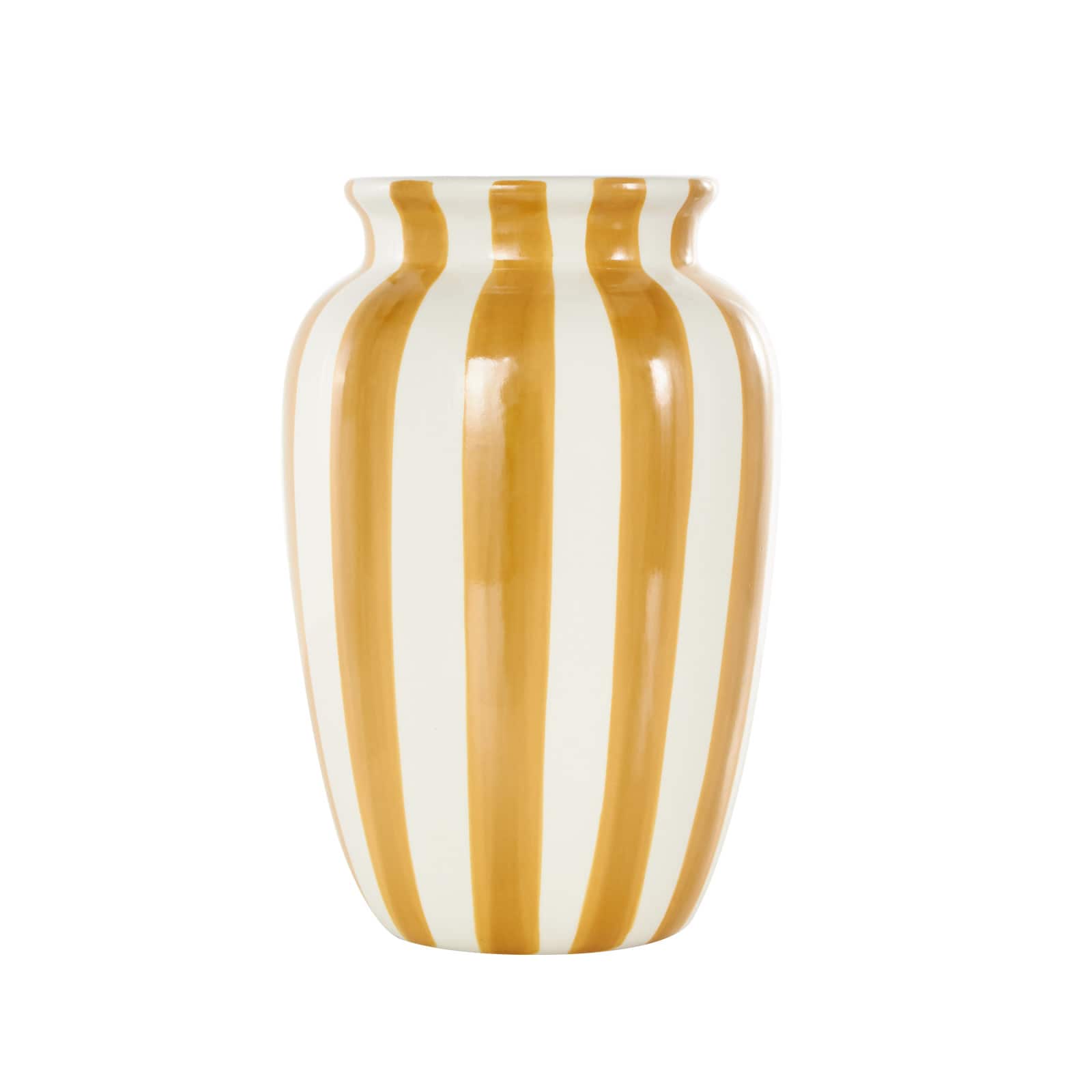 9.5" White & Yellow Stripes Round Wide Ceramic Vase