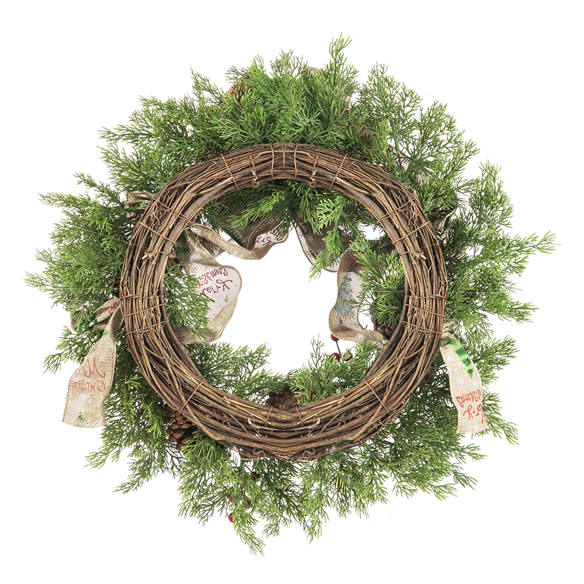 Glitzhome® 24" Cypress Leaves & Pinecone Wreath with Ribbon & Bow