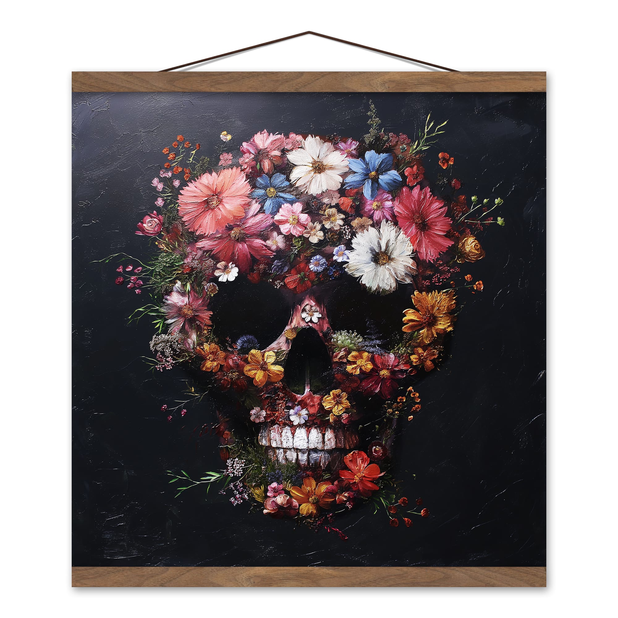 Floral Skull Painting 16" x 16" Teak Hanging Canvas