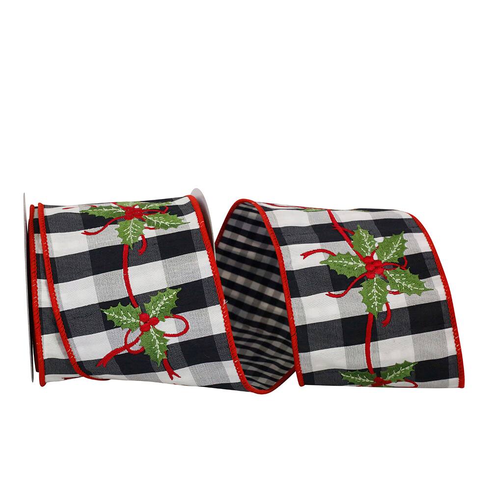 JAM Paper 4" x 5yd. Black & White Holly Embroidery Gingham Check Wired Ribbon