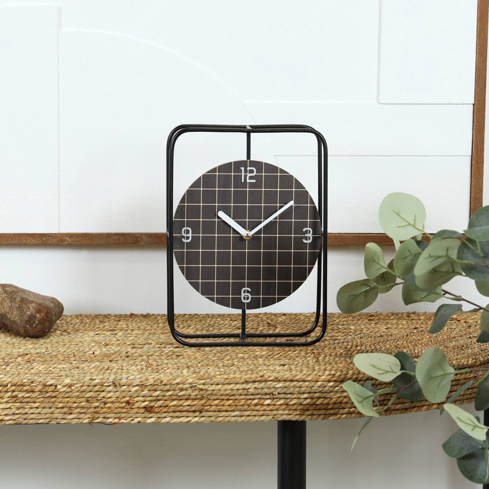 10" Black Metal Geometric Open Frame Clock with Grid Patterned Clockface