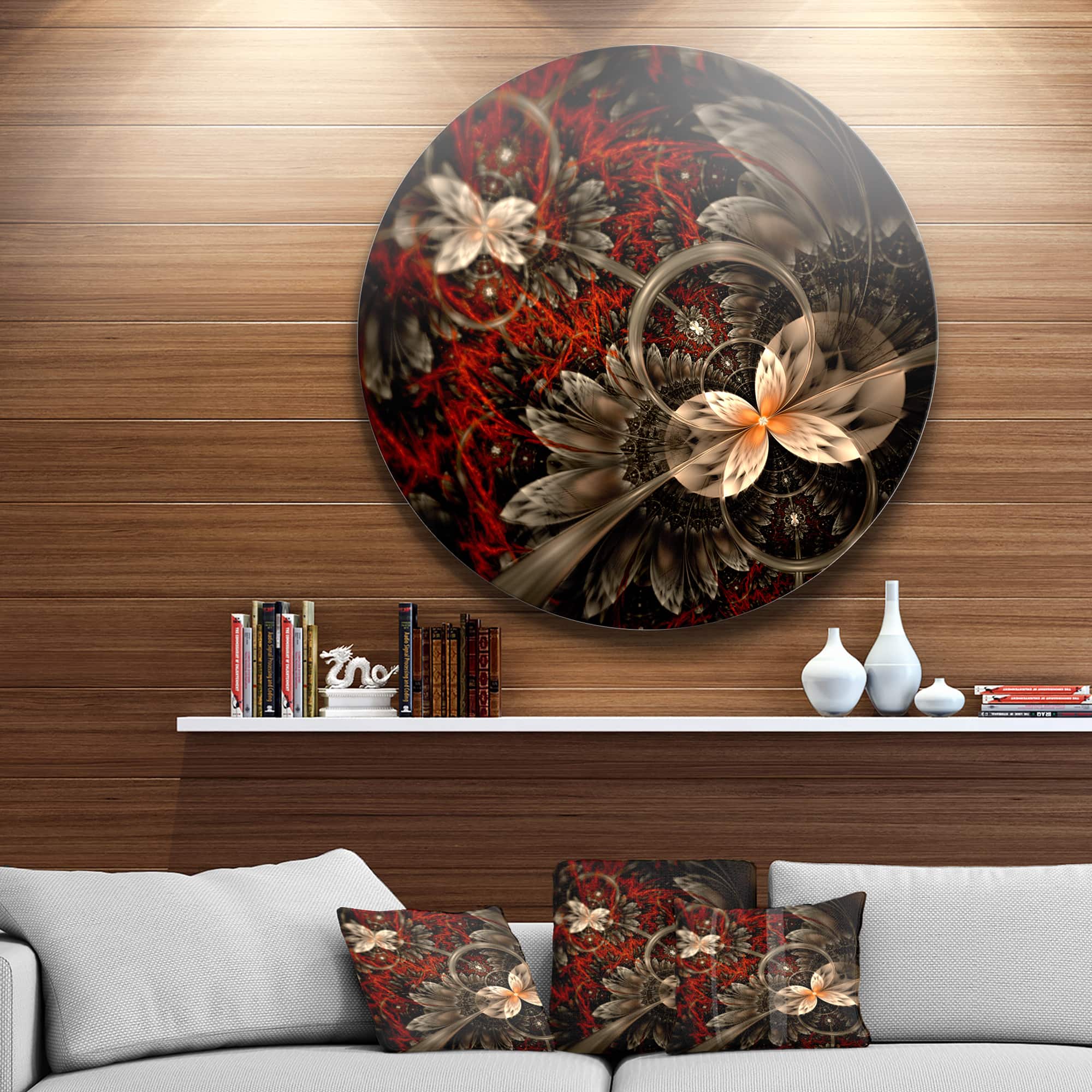 Designart - Red and Orange Fractal Flower Pattern' Floral Metal Circle Wall Art