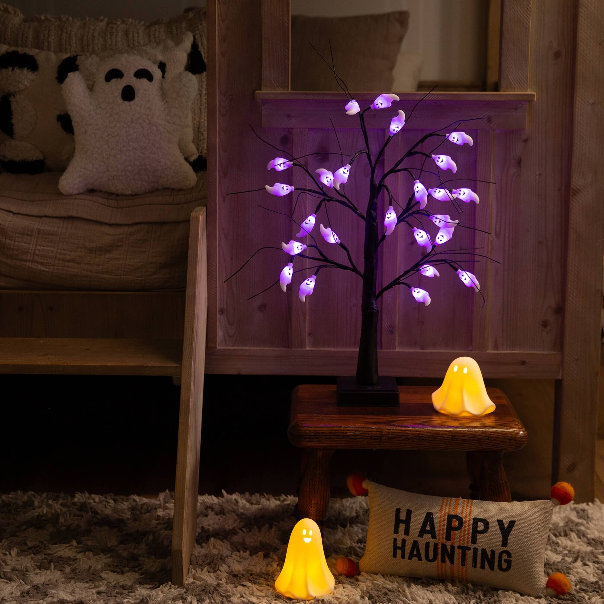 2ft. Pre-Lit Artificial Halloween Ghost Twig Tree with 24 Purple LED Lights