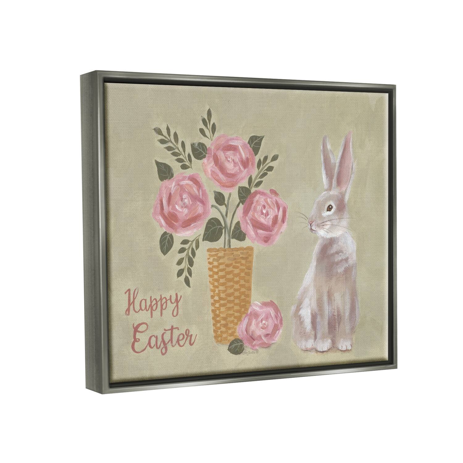 Stupell Industries Happy Easter Bunny Rose Bouquet Floater Framed Art