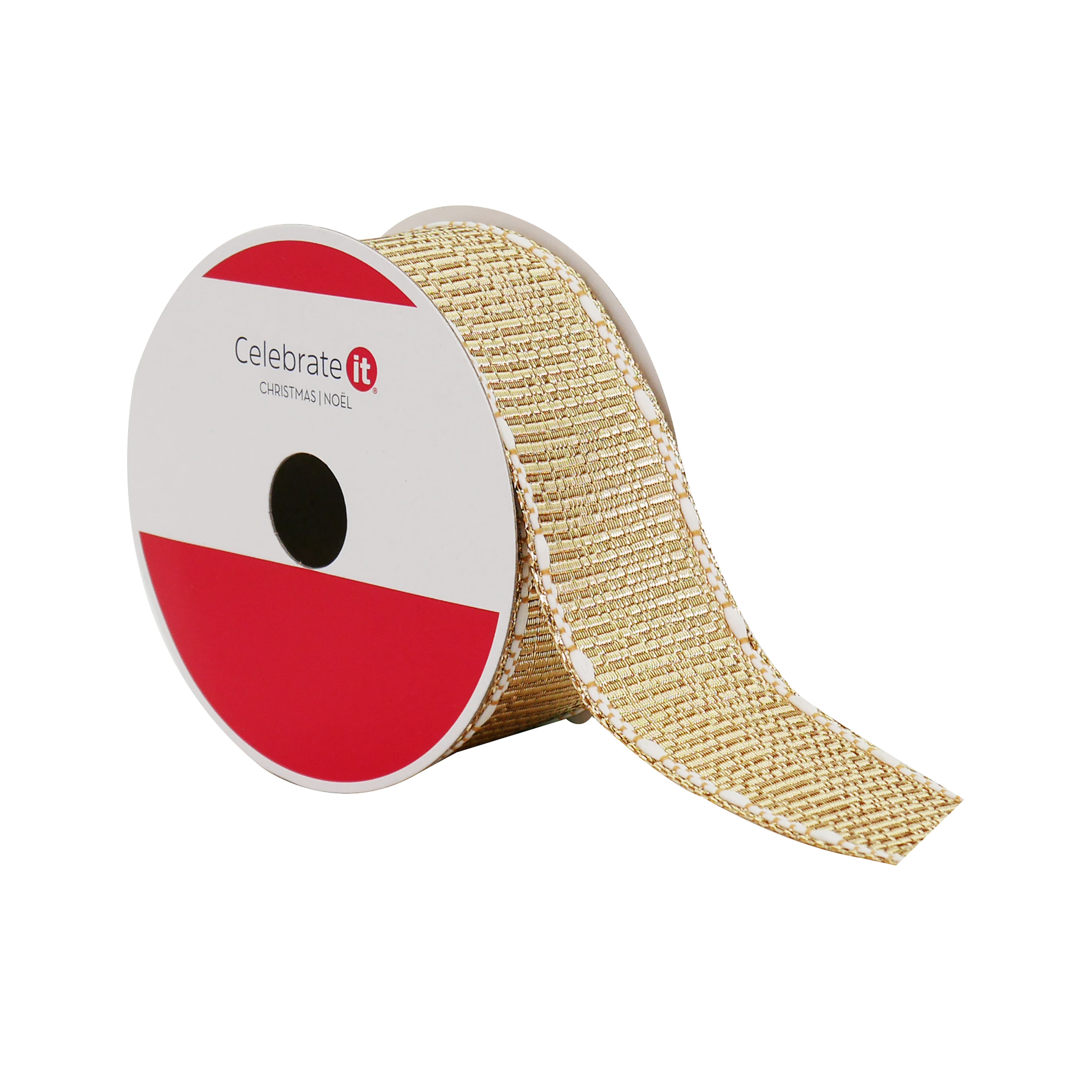 1.5&#x22; x 18ft. Gold &#x26; White Stitch Wired Metallic Ribbon by Celebrate It&#xAE;