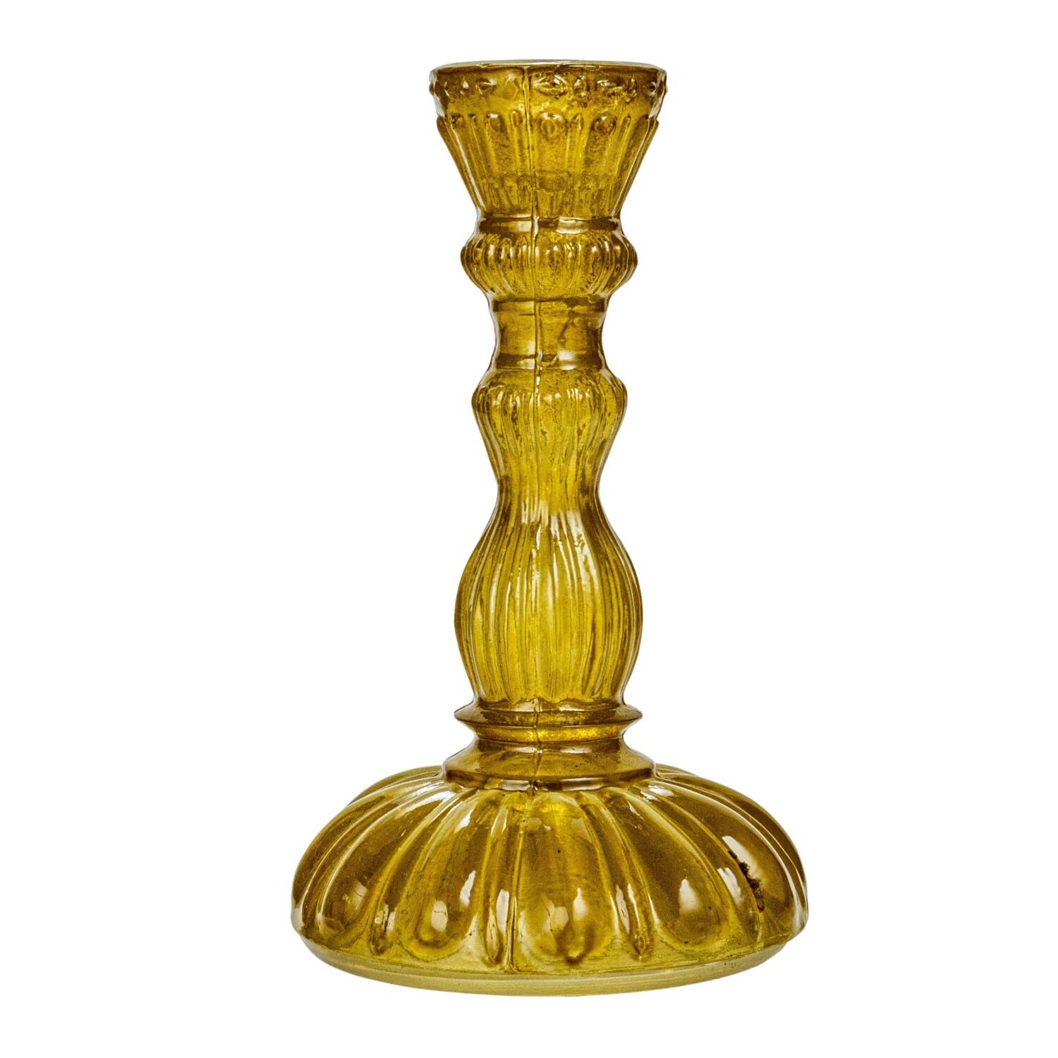 Hello Honey® 6" Tall Embossed Chartreuse Reclaimed Glass Taper Holder