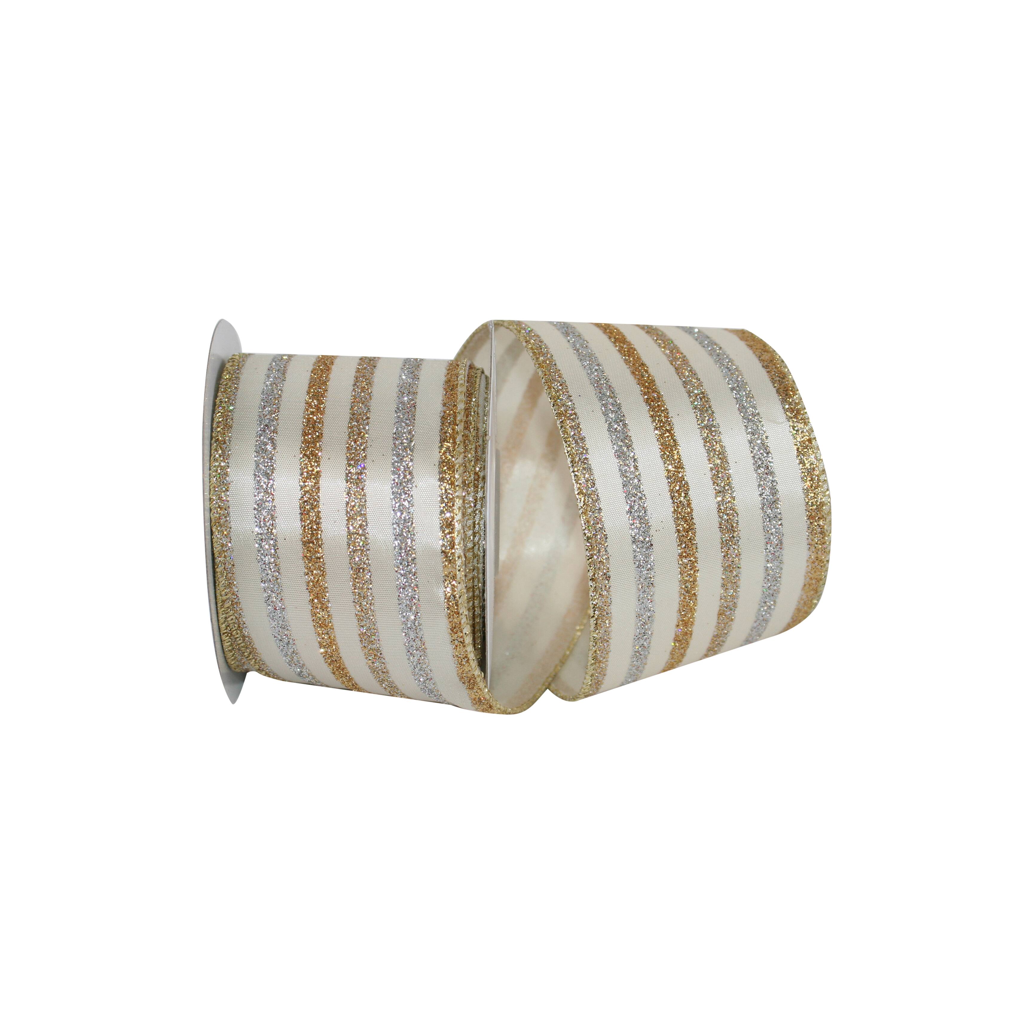 JAM Paper 2.5" x 10yd. Ivory & Champagne Wired Striped Ribbon