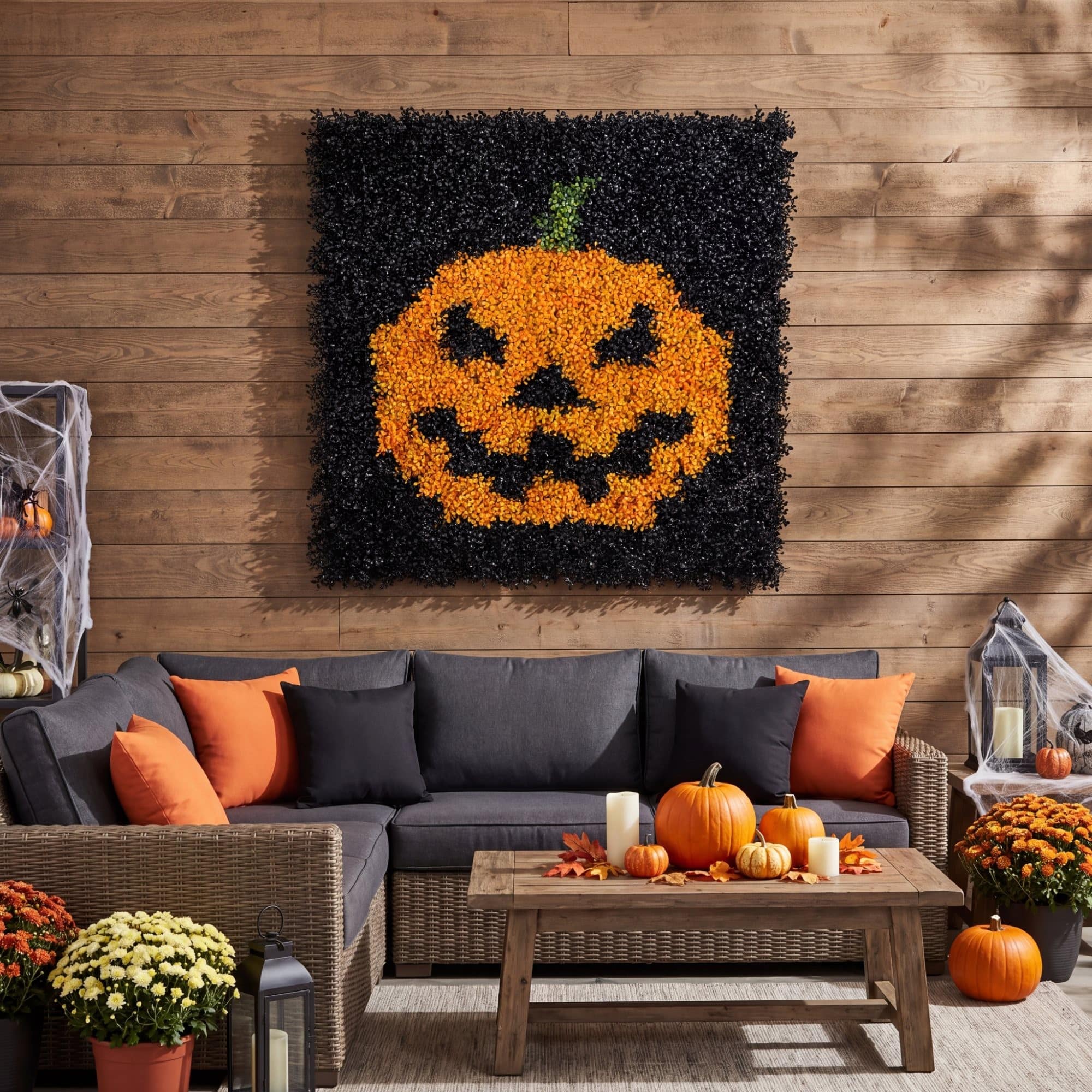 40" x 40" UV Resistant Artificial Halloween Boxwood Jack-o'-Lantern Wall Décor Mat