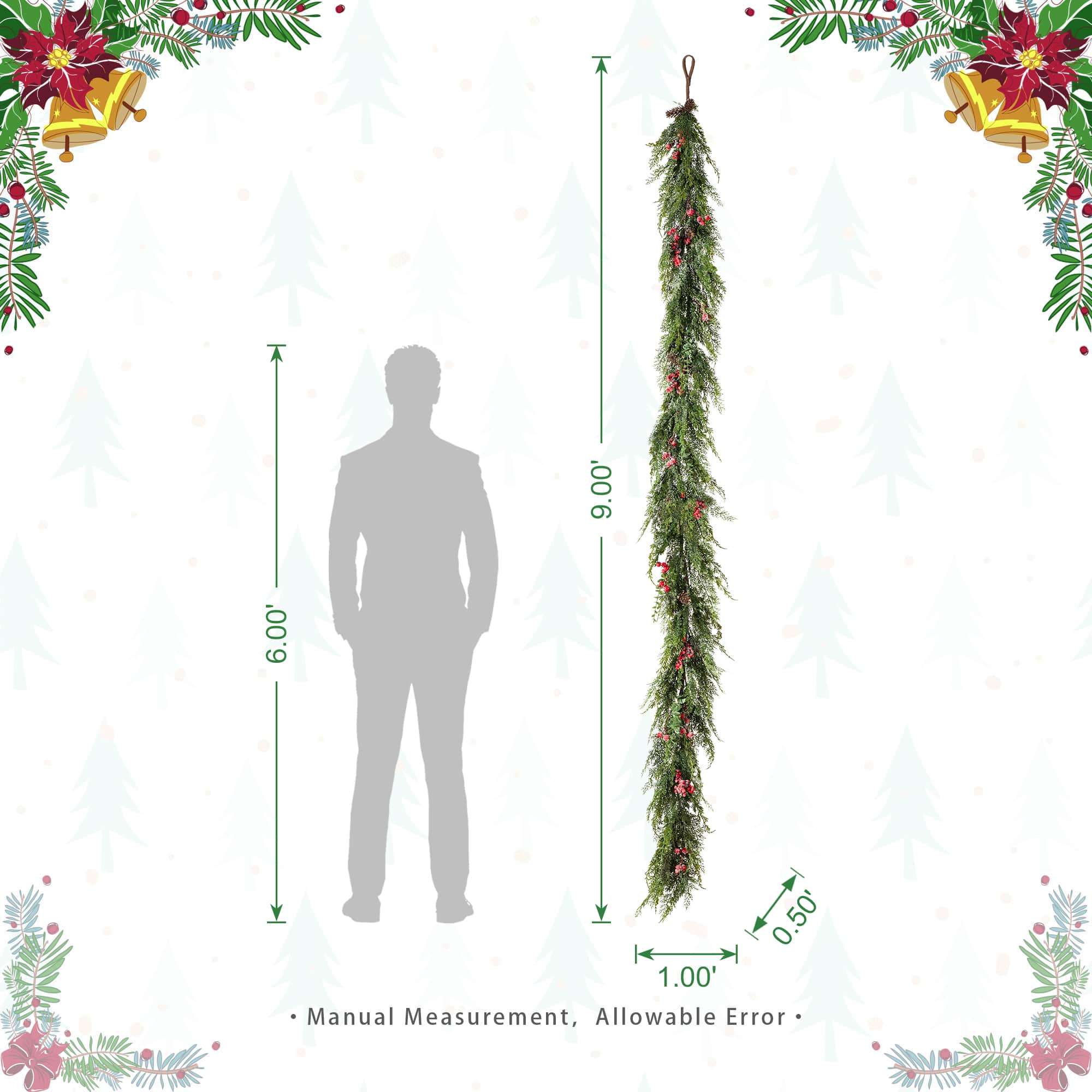 Glitzhome® 9ft. Christmas Greenery Frosted PE Dripping Garland with Pinecones & Red Berries, Set of 2