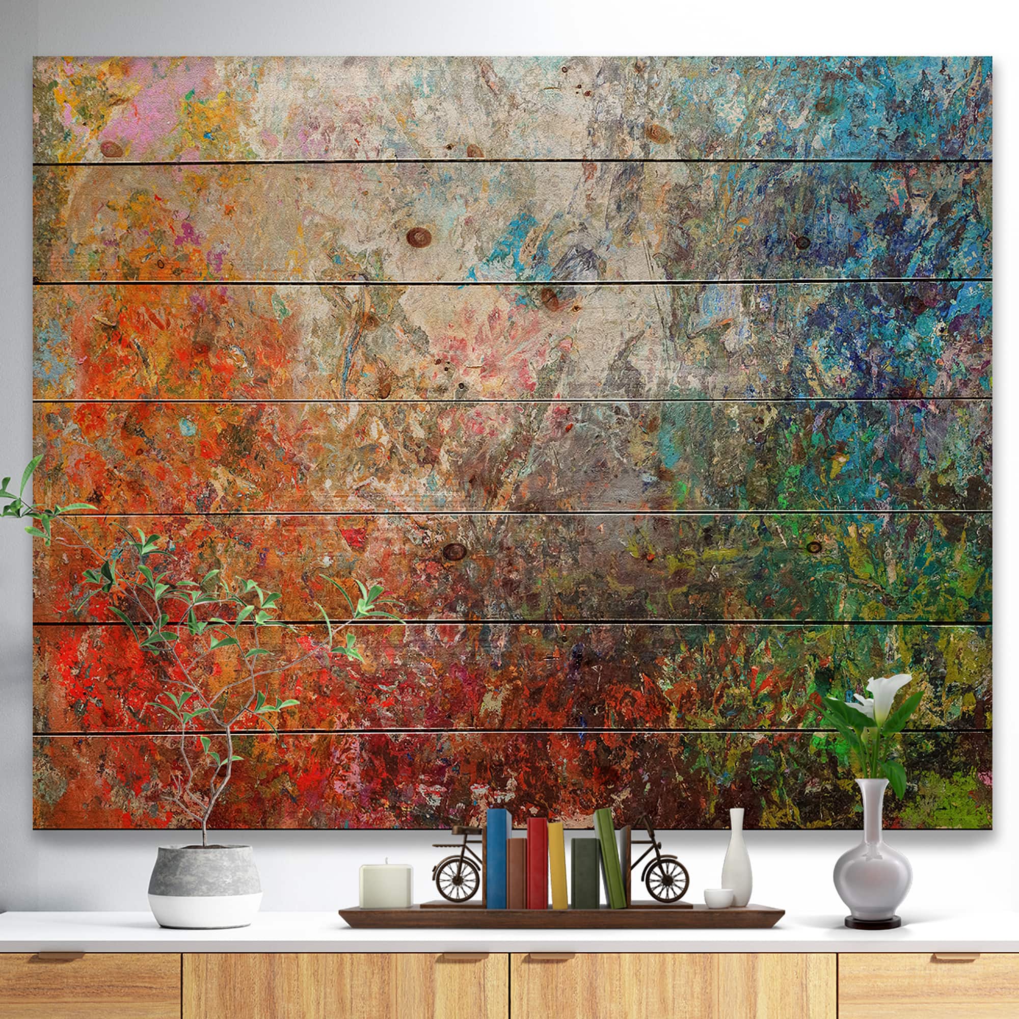 Designart - Board Stained Abstract Art - Abstract Print on Natural Pine Wood