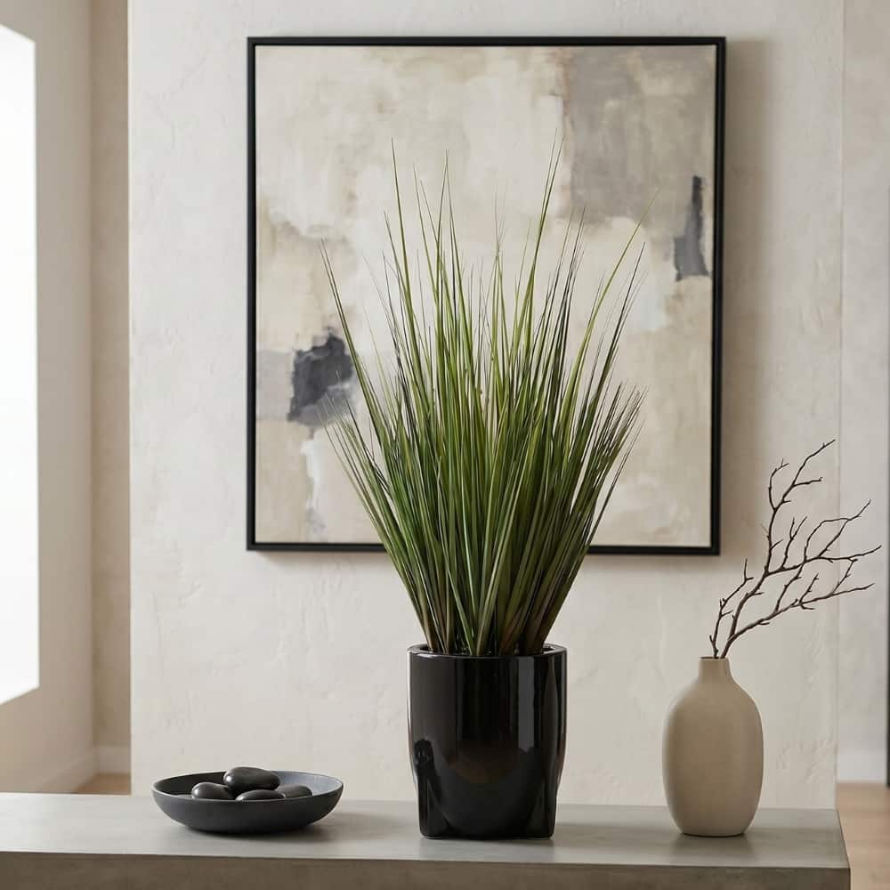House of Silk Flowers 30" Faux Ornamental Onion Grass in Glossy Black Tripod Ceramic Pot
