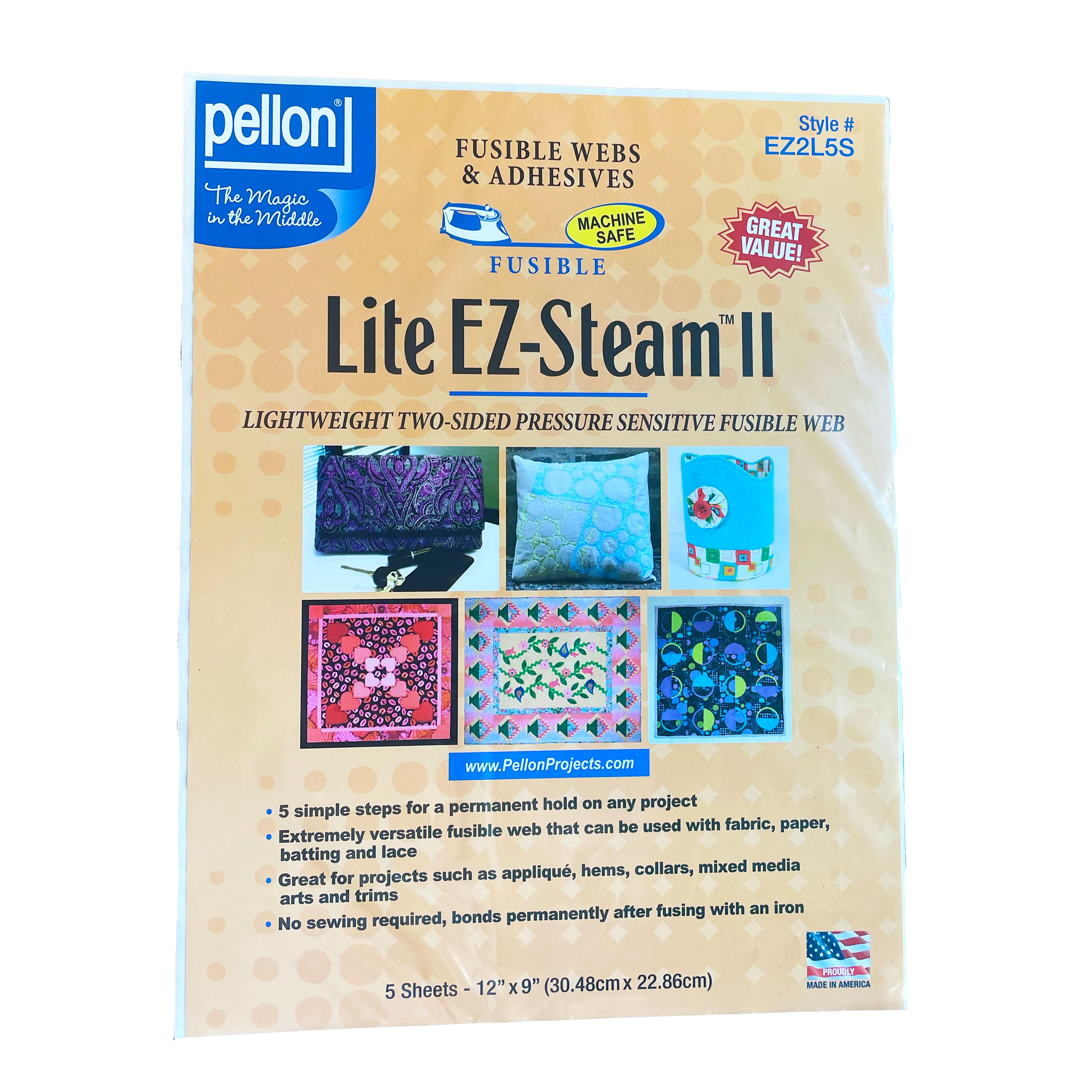 6 Packs: 5 ct. (30 total) Pellon® Lite EZ-Steam® II 12" x 9" Double-Sided Fusible Web Sheets