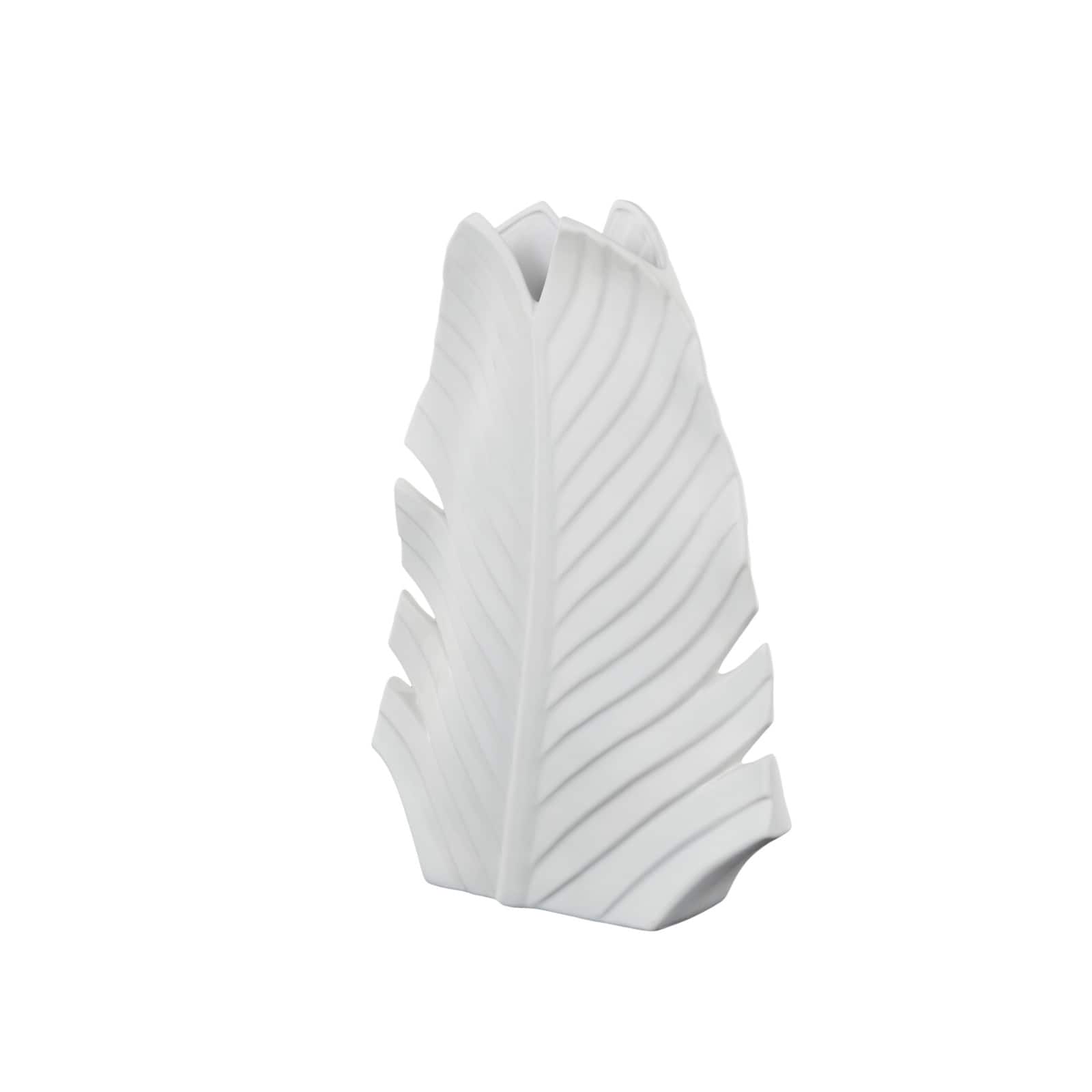 17" White Palm Tree Curved Leaf Decorative Ceramic Vase