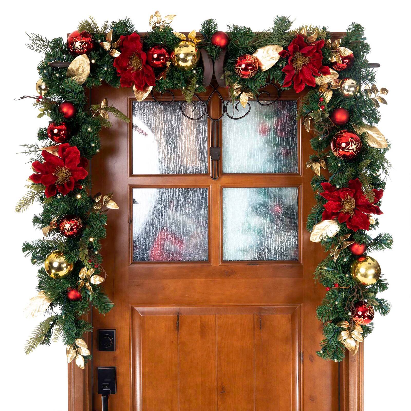 9 ft. Pre-Lit LED Golden Leaf Red Magnolia Artificial Christmas Garland