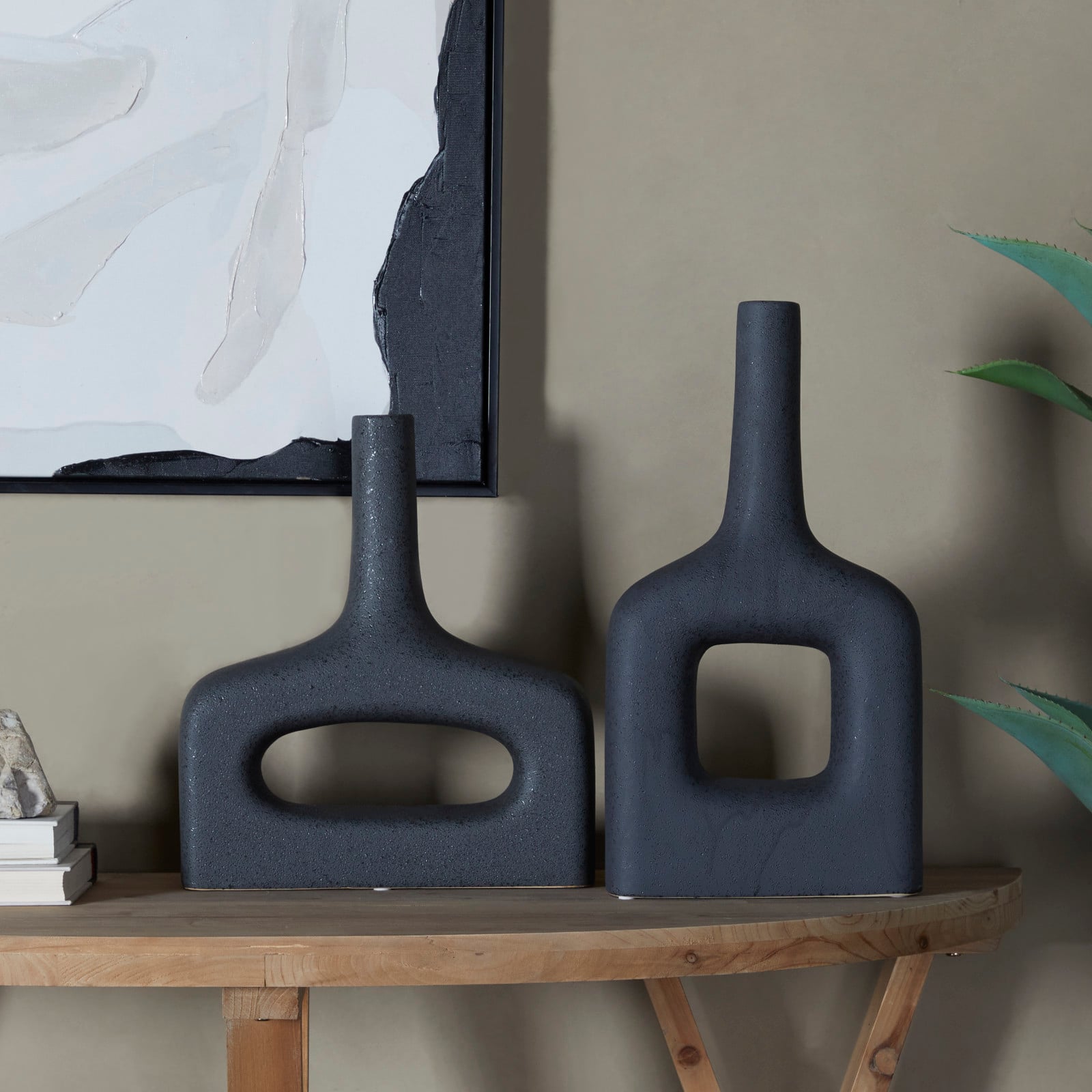 CosmoLiving by Cosmopolitan Black Ceramic Donut Shaped Vase Set of 2 16", 13"