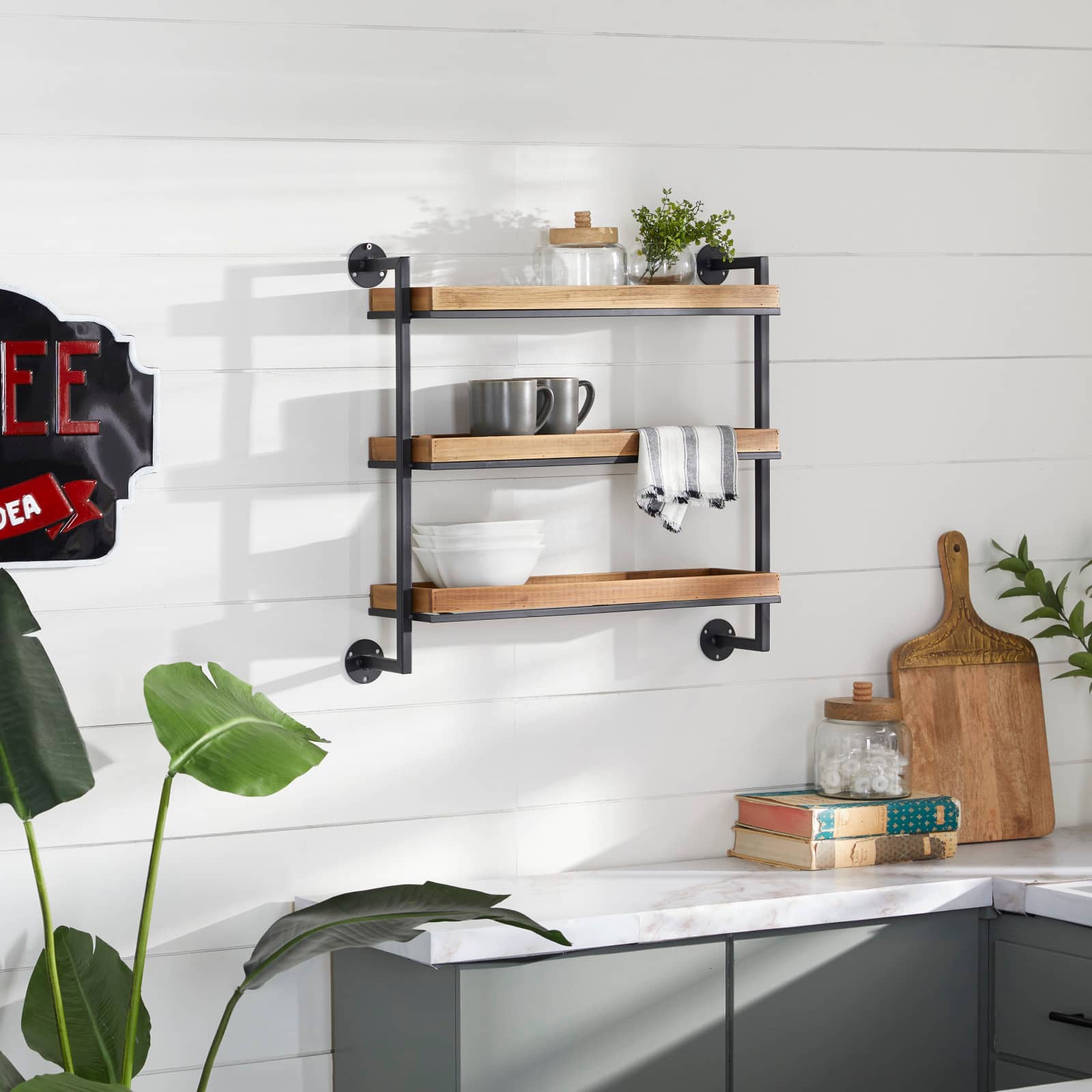 Brown Metal and Wood Industrial Wall Shelves, 7" x 26" x 23"