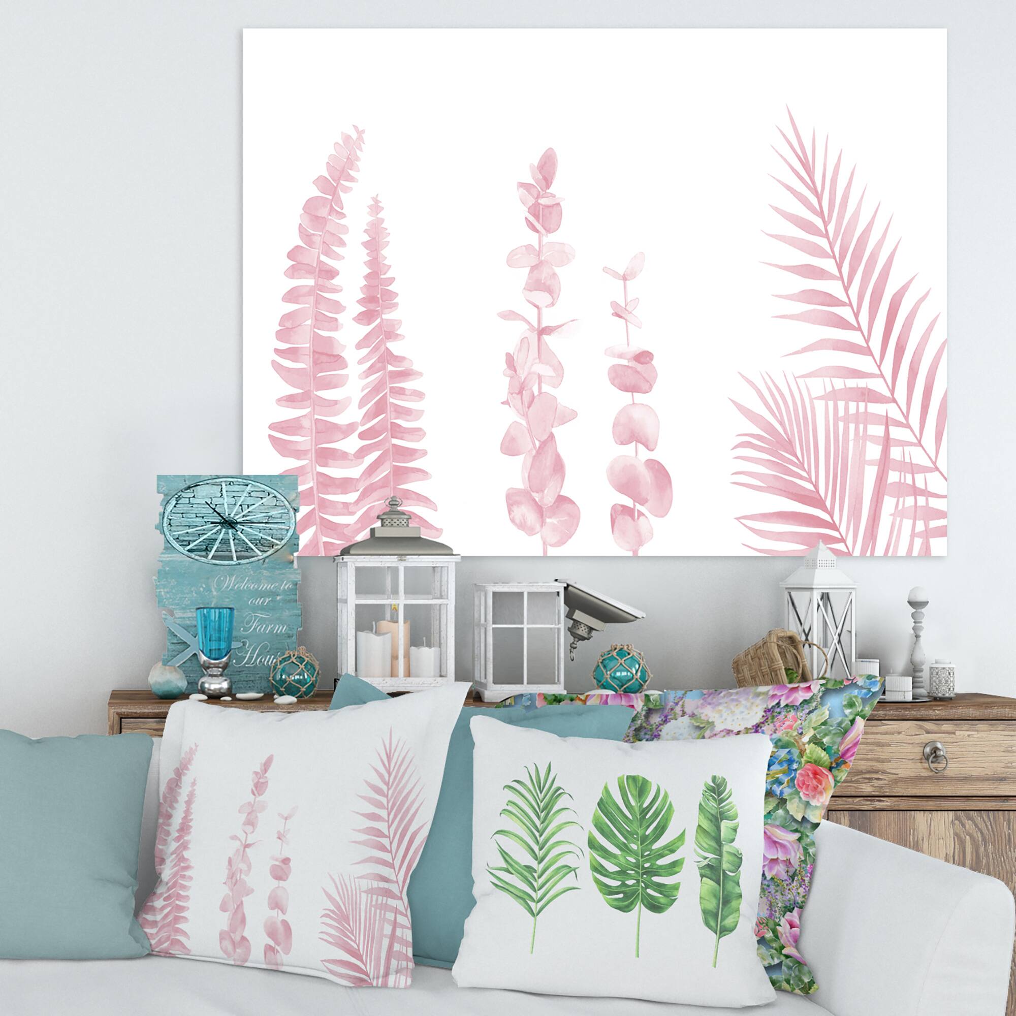 Designart - Blush Pinkeucalyptus and Palm Branches - Shabby Chic Canvas Wall Art Print