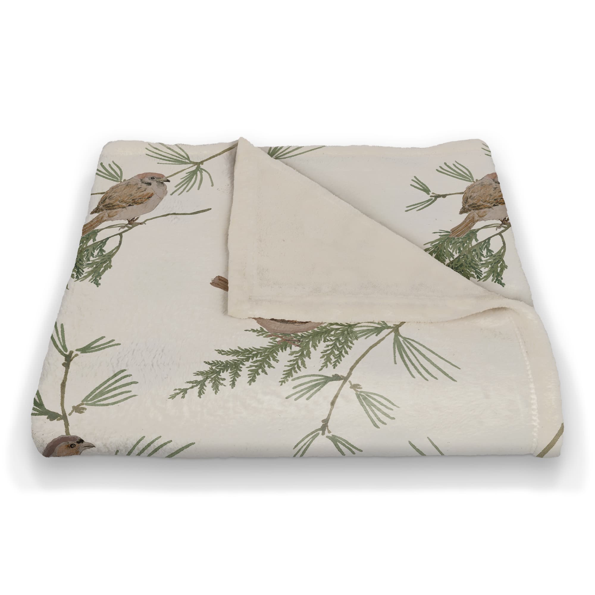 Pine & Birds on White Coral Fleece Blanket