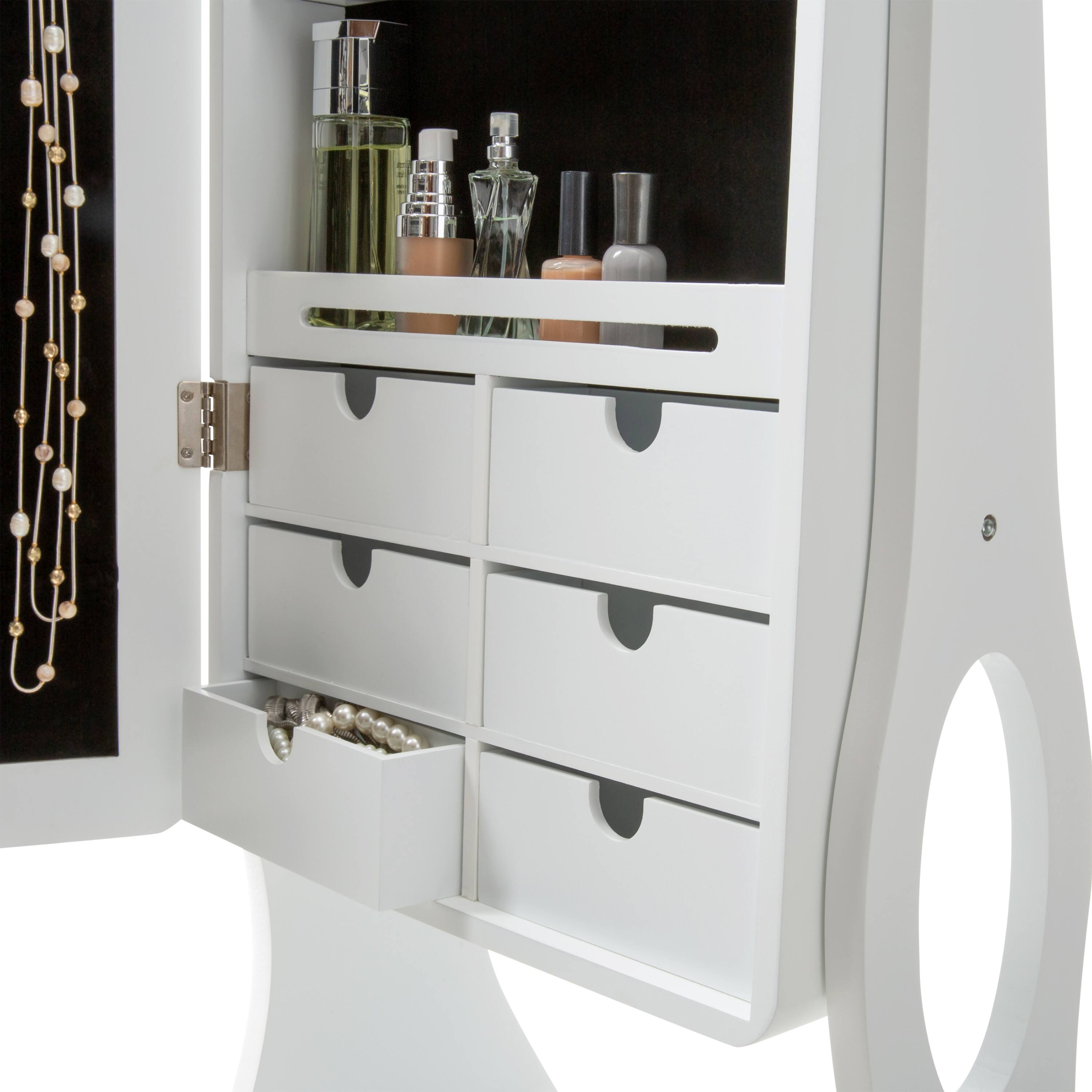 Simplify 61" White Jewelry Armoire Free Standing Cabinet with Full Mirror