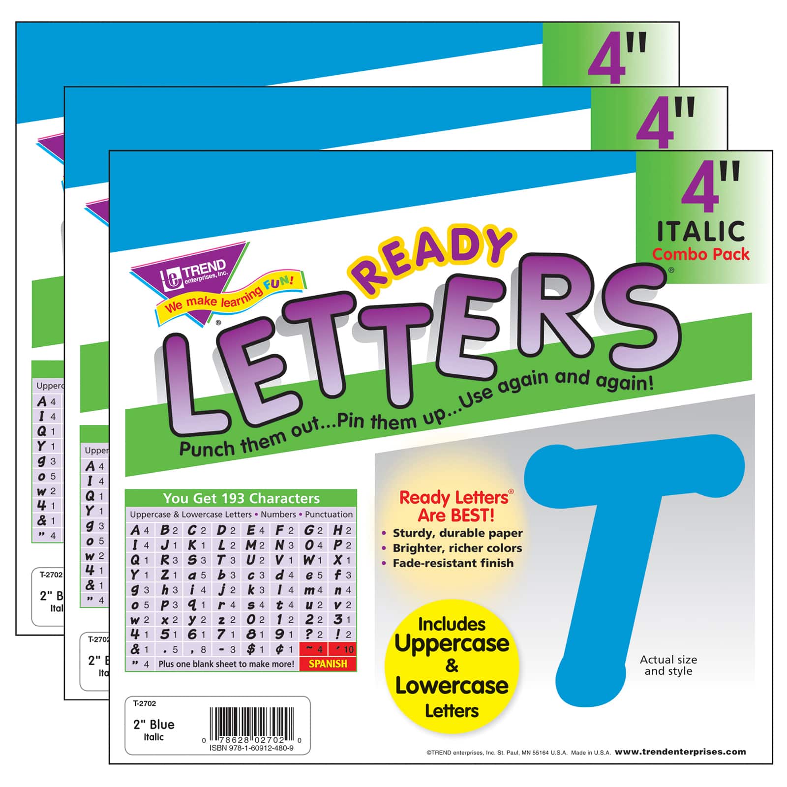 TREND Enterprises® Blue 4" Italic Combo Ready Letters®, 193 Per Pack, 3 Packs