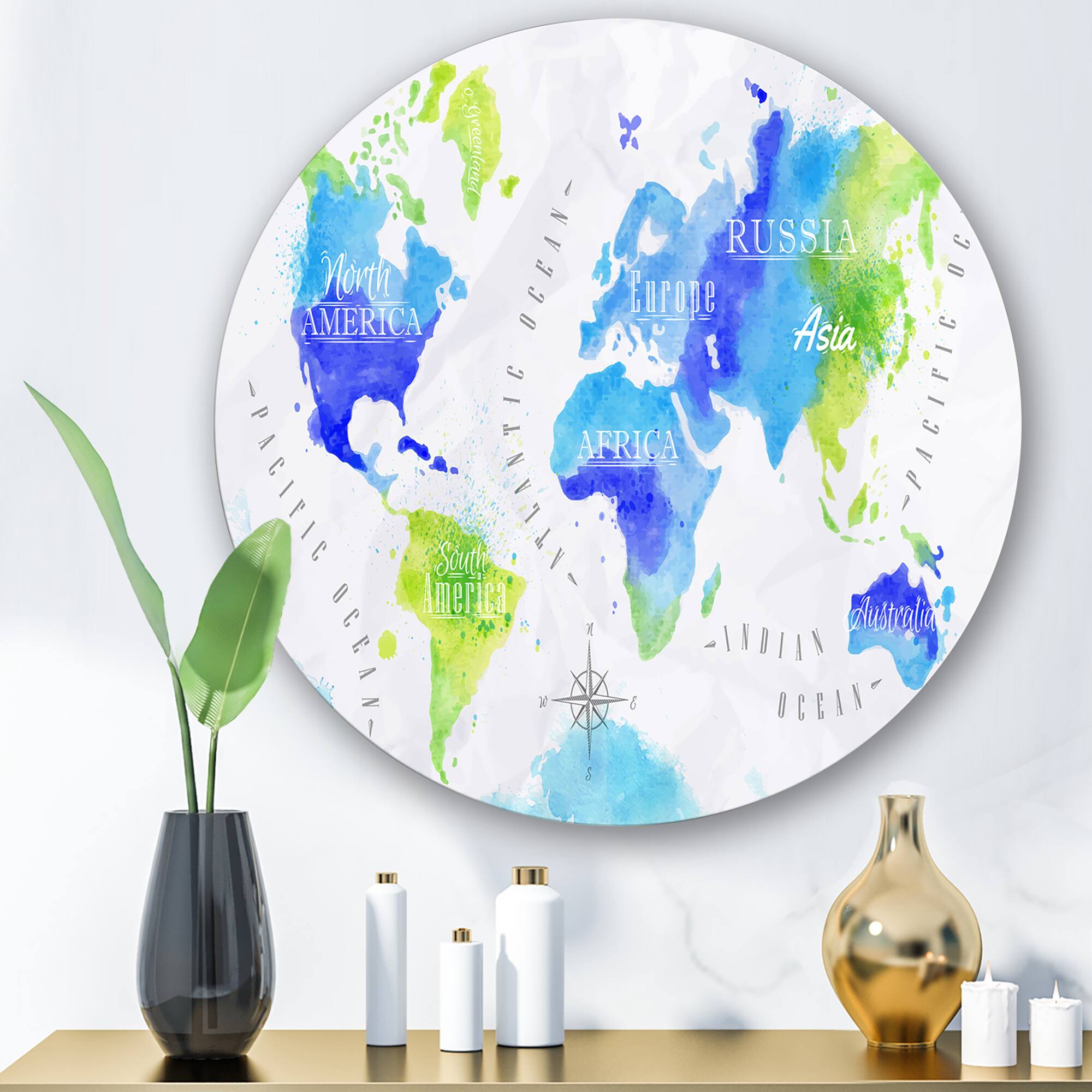 Designart - World Map In Green and Blue