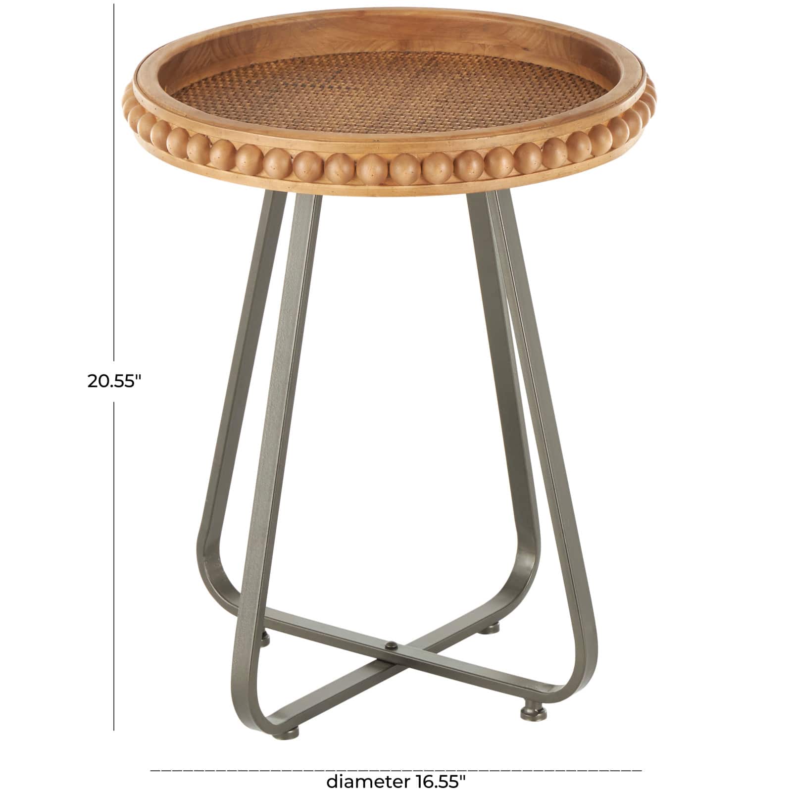 20.5" Brown Wood Beaded Accent Table with Rounded Gray Metal Base & Rattan Accent