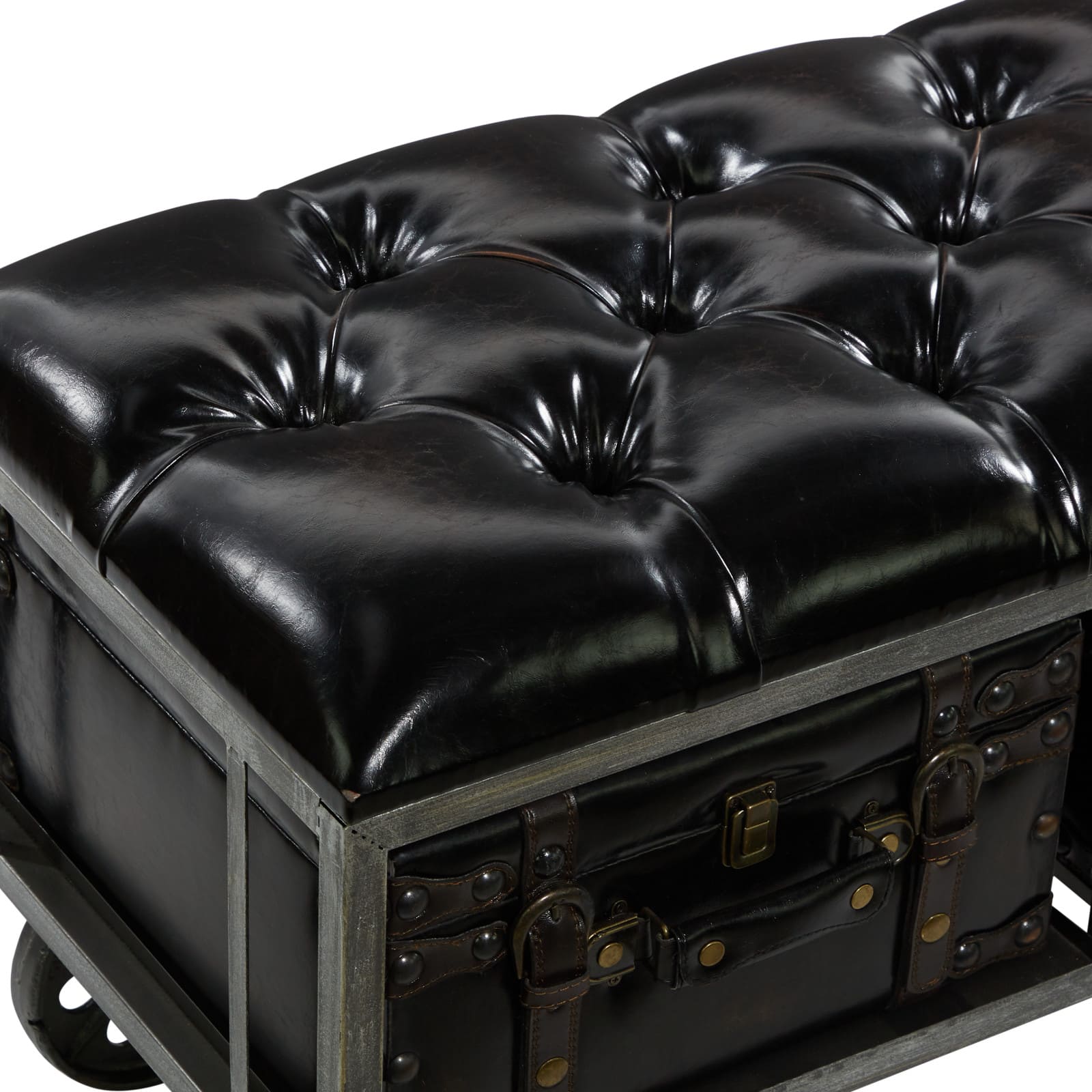 Industrial Rectangular Black Faux Leather and Wood Storage Bench, 19" x 47" x 16"