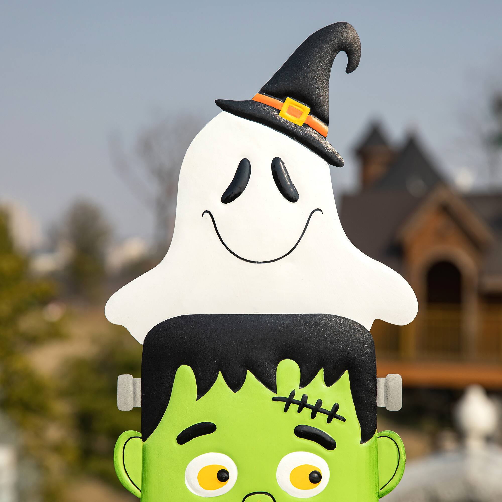 Glitzhome® 3.5ft. Halloween Metal Stacked Ghost, Frankenstein, Black Cat and Pumpkin Yard Stake