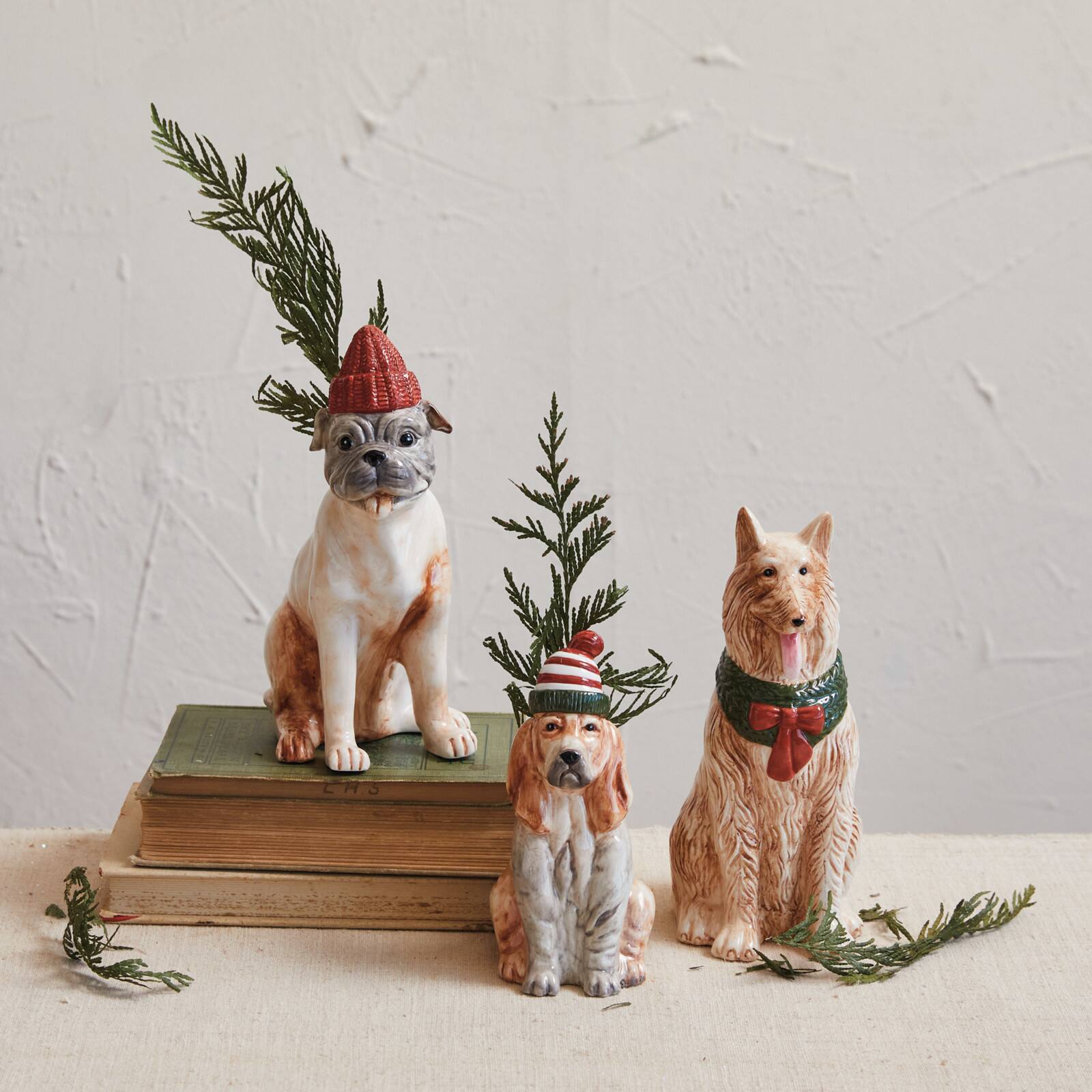 Hello Honey® 8" Dog with Christmas Scarf Hand-Painted Stoneware Collie Vase