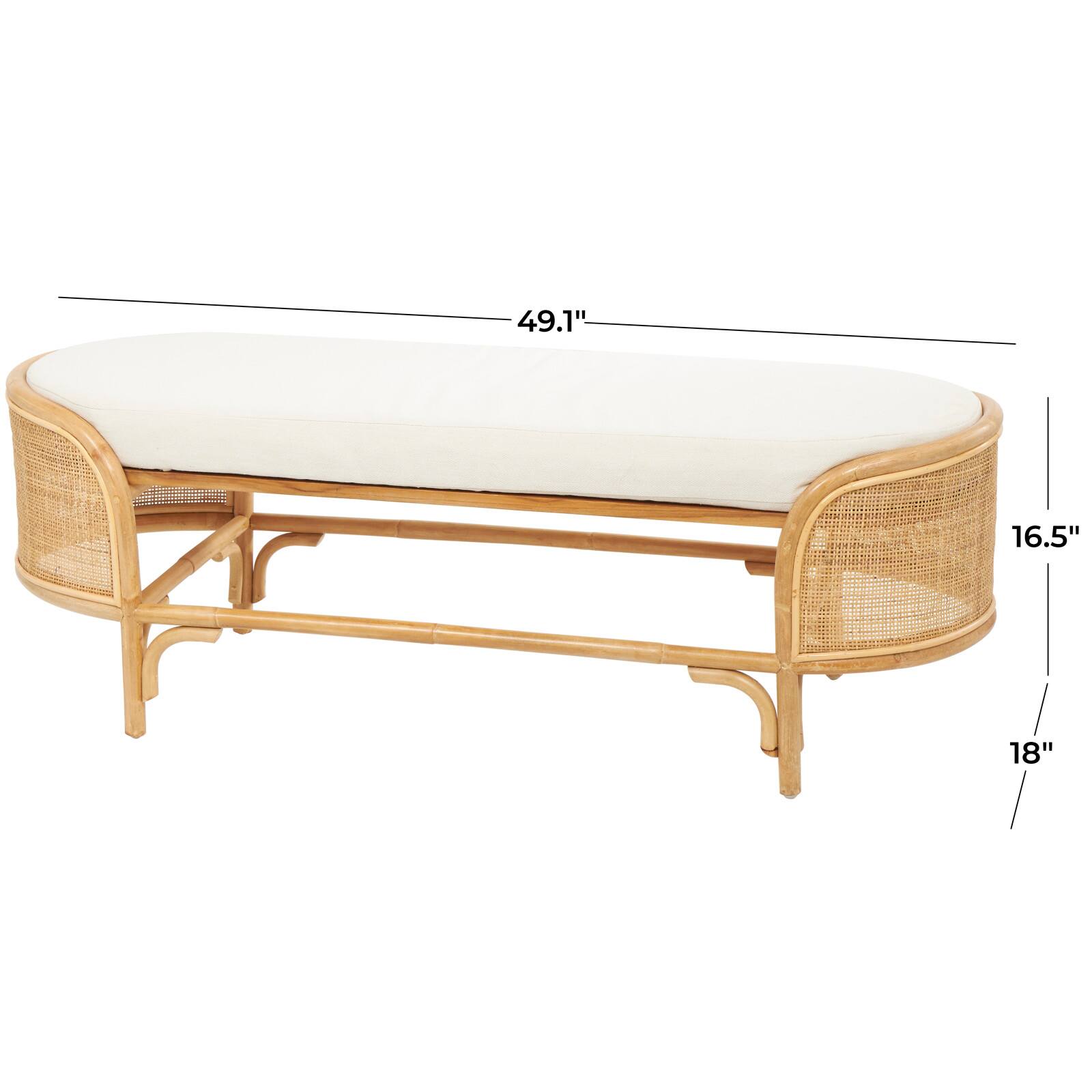 49" Brown Rattan Handmade Oval Bench with White Fabric Cushion