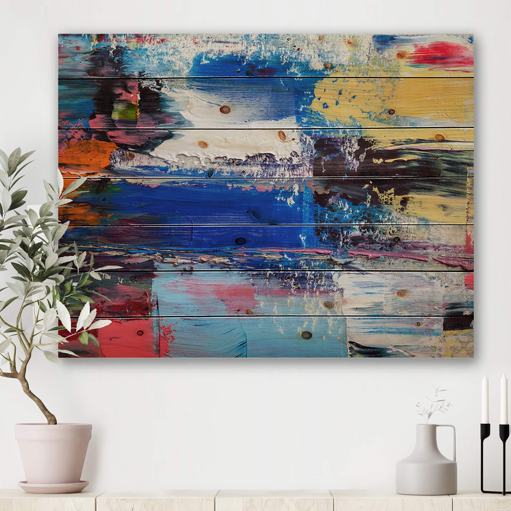 Designart - Oil Brushed Colorfields I - Modern Print on Natural Pine Wood