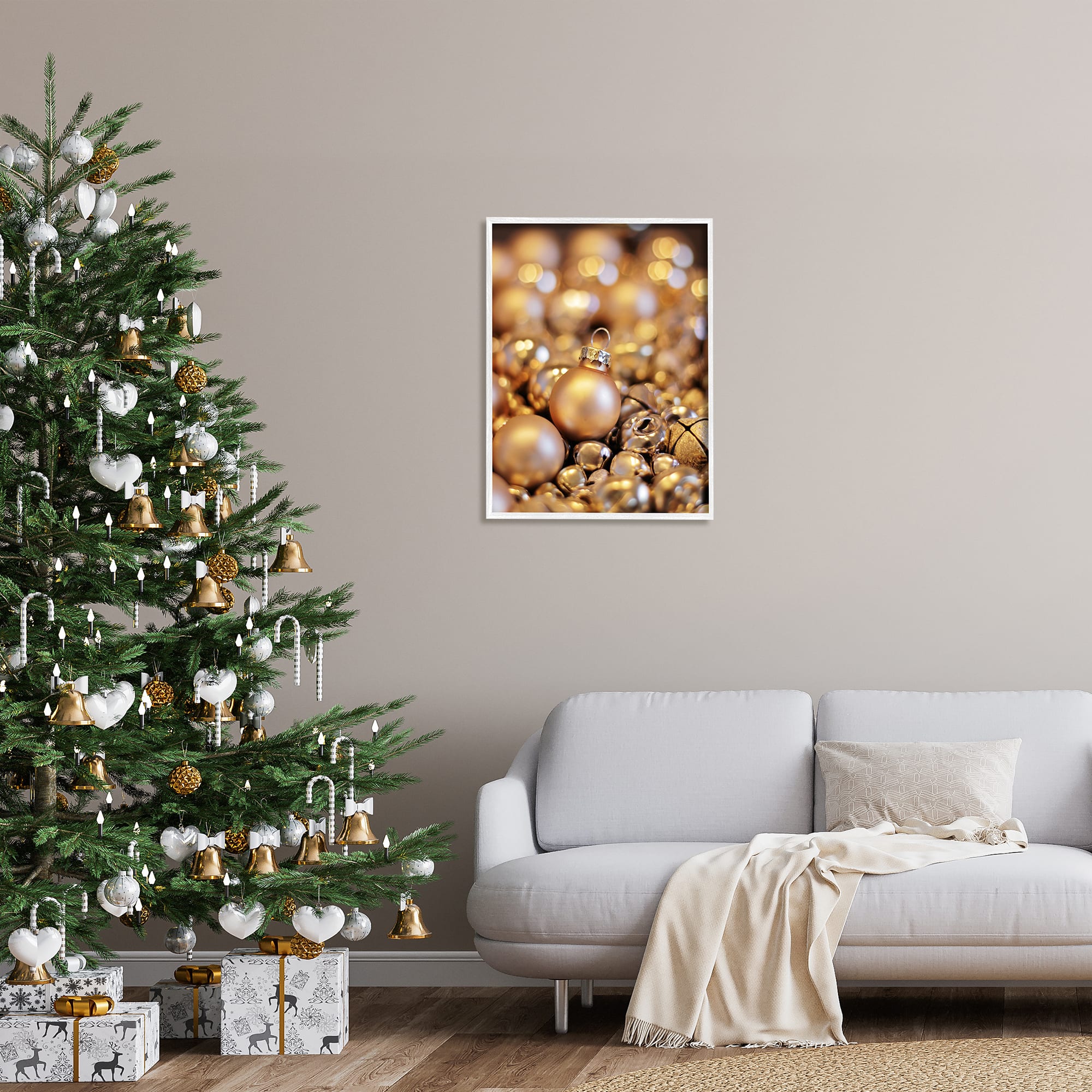 Stupell Industries Gleaming Christmas Ornaments Bells Framed Giclee Art