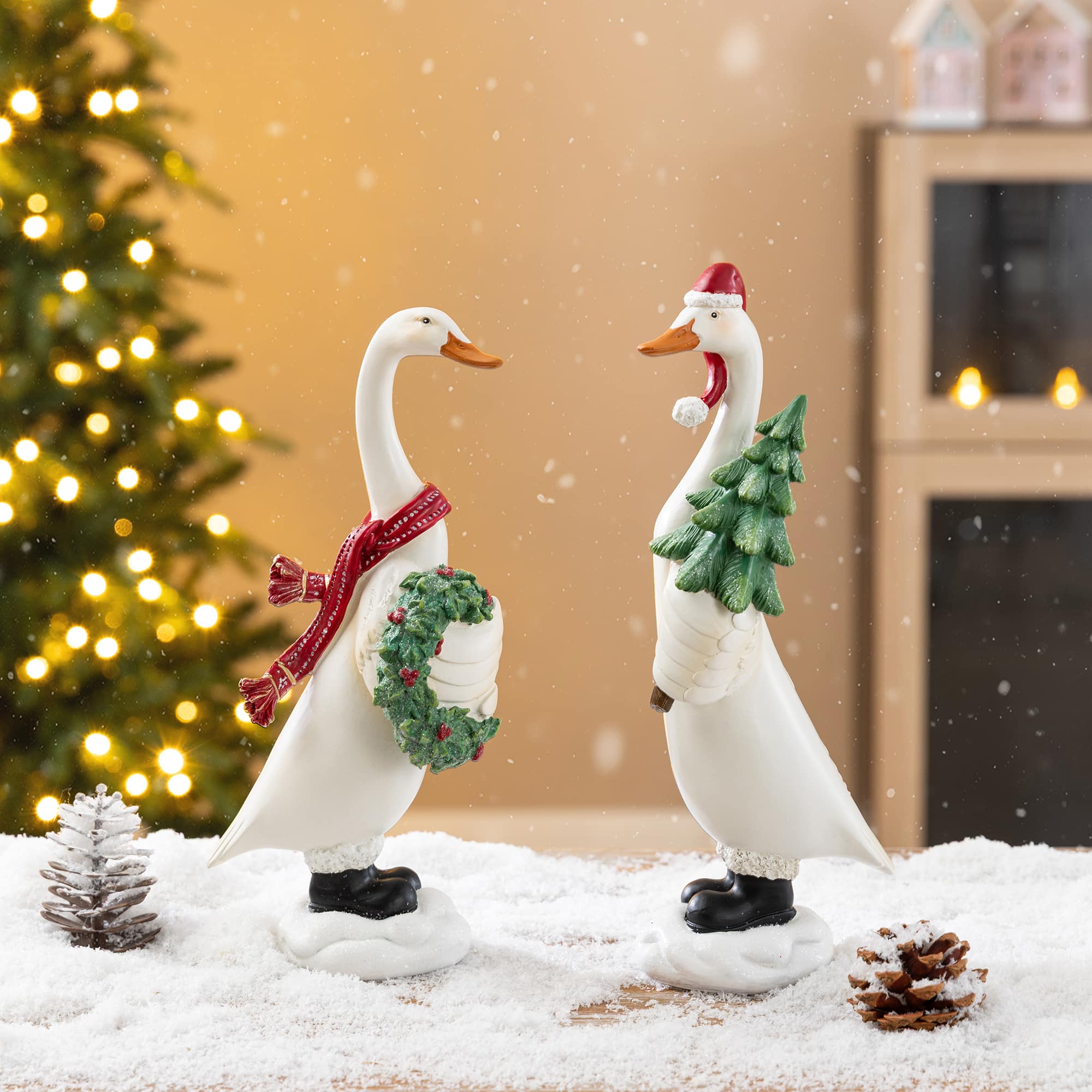 Glitzhome® Set of 2 Christmas Resin Goose with Wreath and Tree Table Decor