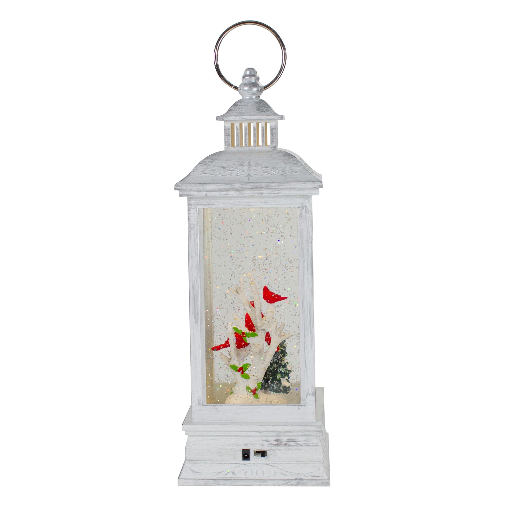 11" White & Brushed Silver Christmas Cardinals Snow Globe Lantern