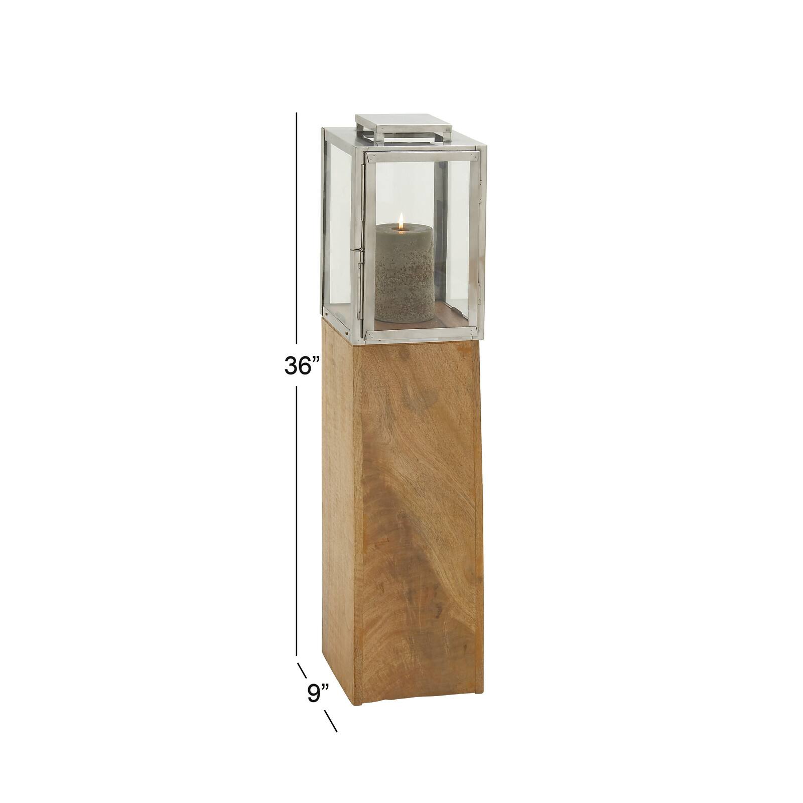 Brown Mango Wood Contemporary Candle Holder Lantern, 36" x 9" x 9"