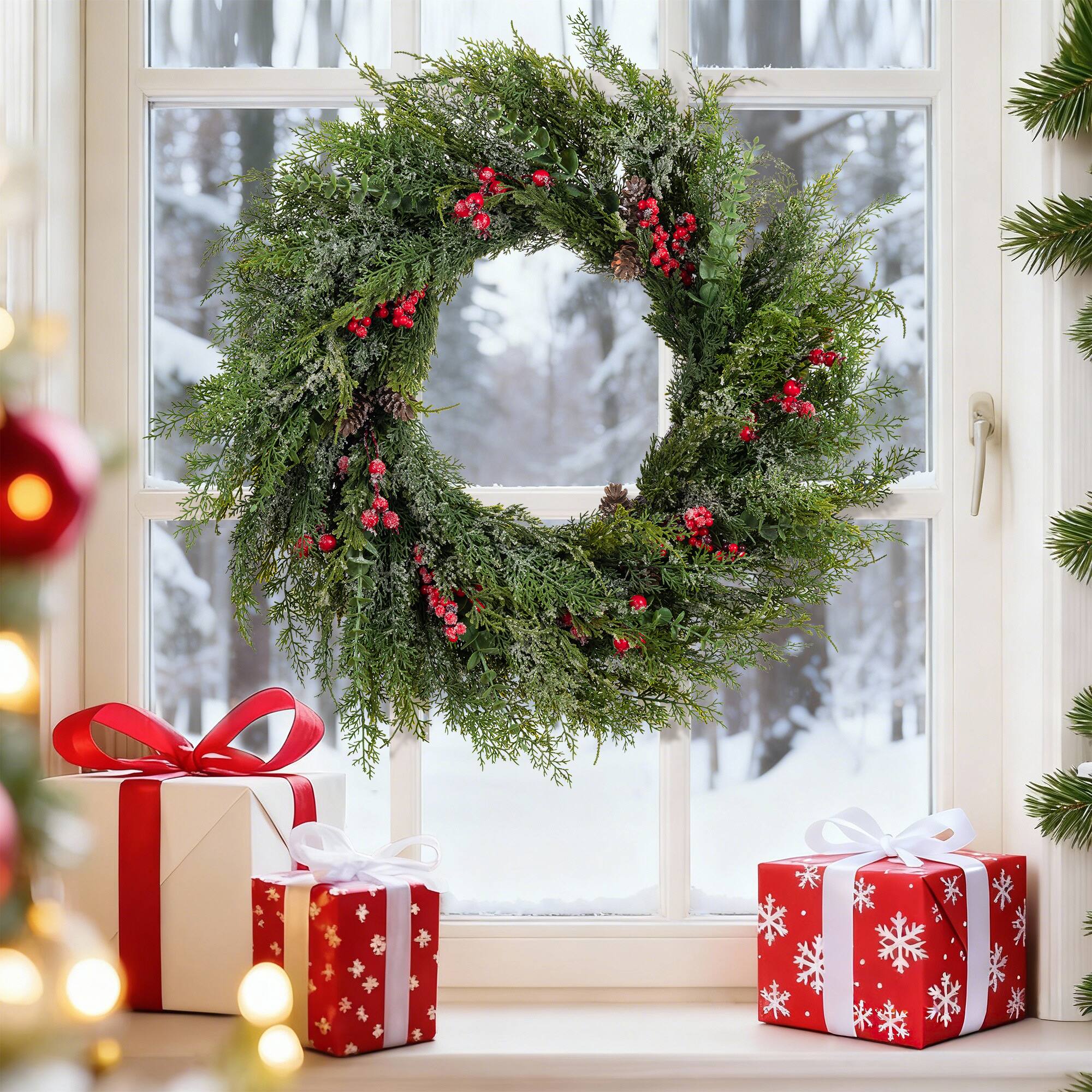 Glitzhome® 28" Christmas Greenery Frosted PE Wreath with Pinecones & Red Berries