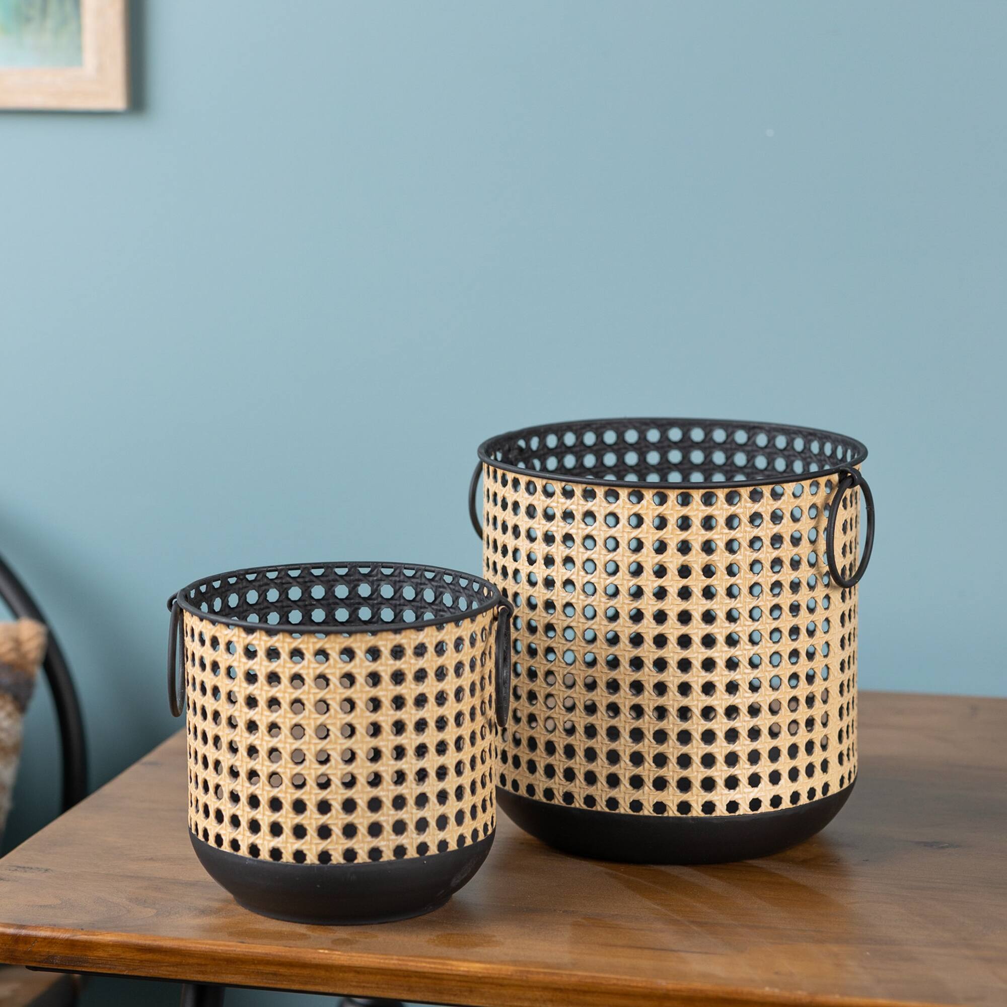 Punched Metal Candle Holder with Rattan Design Set