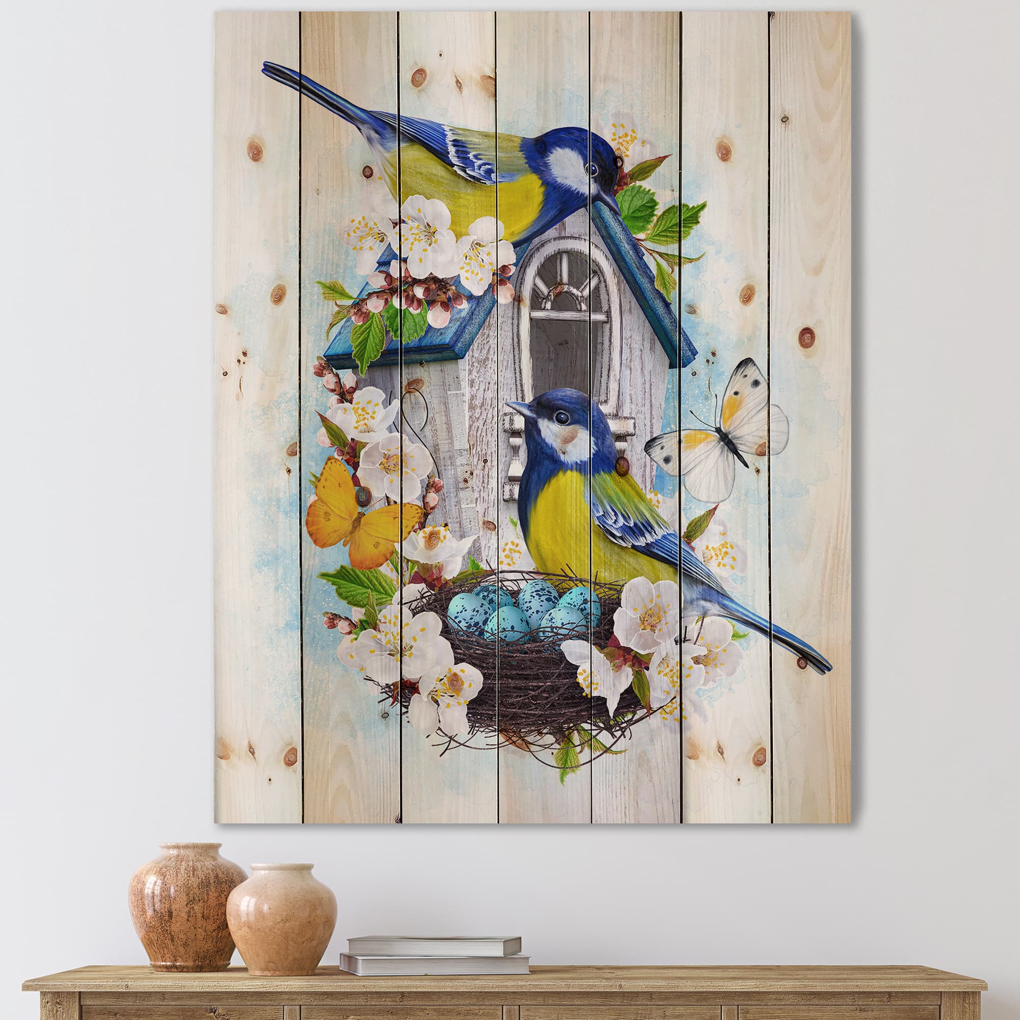 Designart - Two Tit Birds Sitting Near The Nest With Eggs I - Traditional Print on Natural Pine Wood