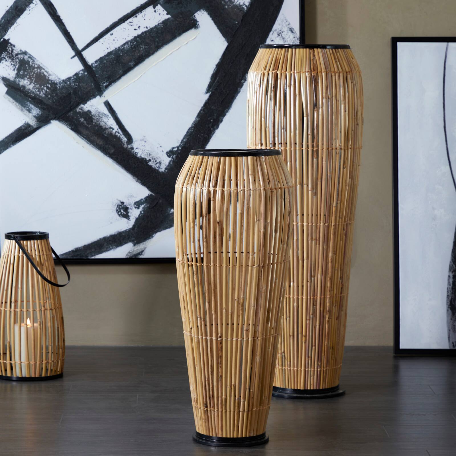 Brown Wicker Handmade Slatted Frame Vase with Black Metal Accents
