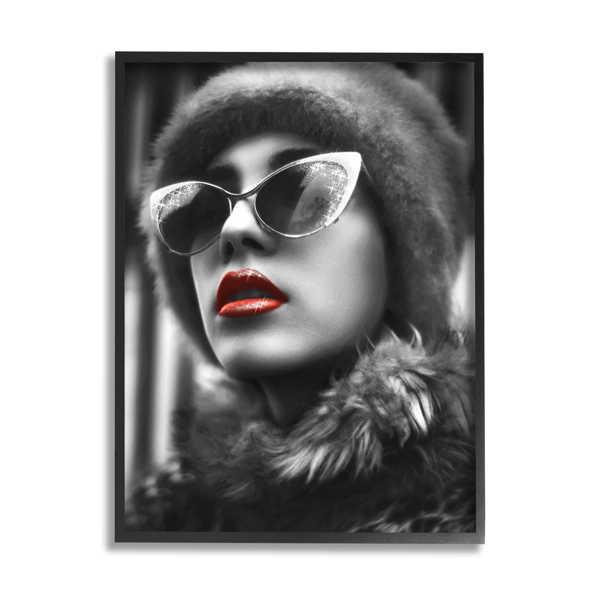 Stupell Industries Fashion Woman Red Lips Glam Sunglasses Fur Coat Framed Wall Art