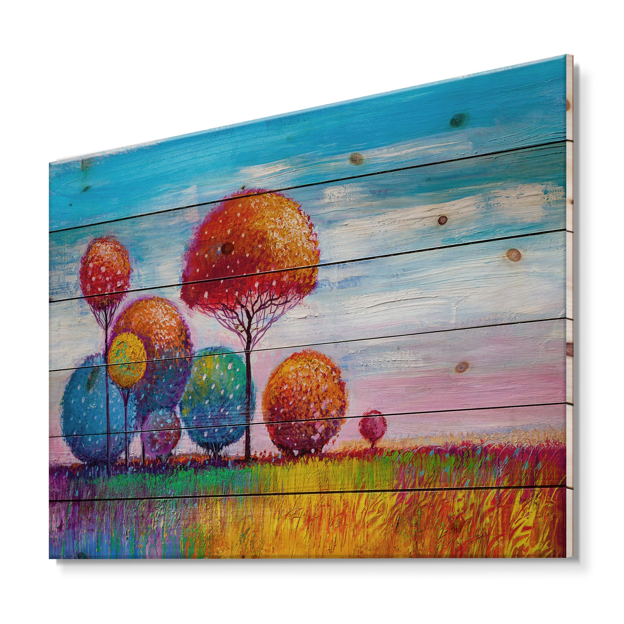 Designart - Colourful Ornamental Trees IX - Modern Print on Natural Pine Wood